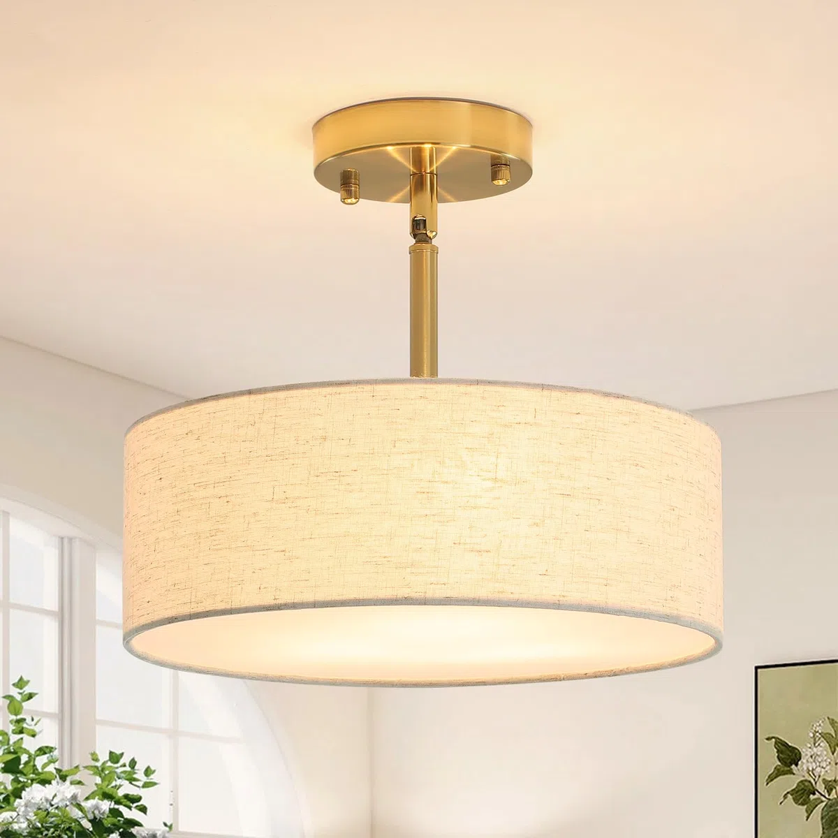 Lámpara de Techo Dorada de 3 Luces, Lámparas de Techo Semiempotradas, Lámpara de Techo Dorada Tipo Candelabro, Pantallas Blancas para Lámparas de Techo