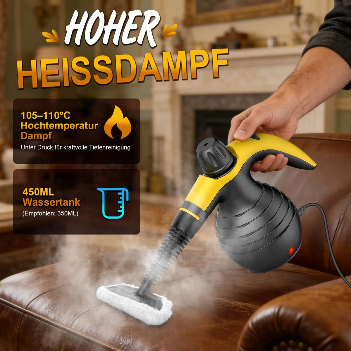 Limpiador A Vapor Portátil 1050W, Steam Cleaner De Mano Alta Presión, Calentamiento Rápido, 9 Accesorios, Sin Químicos, Para Baño, Cocina, Ventanas, Sofá, Tapicería, Juntas, Azulejos, Coche