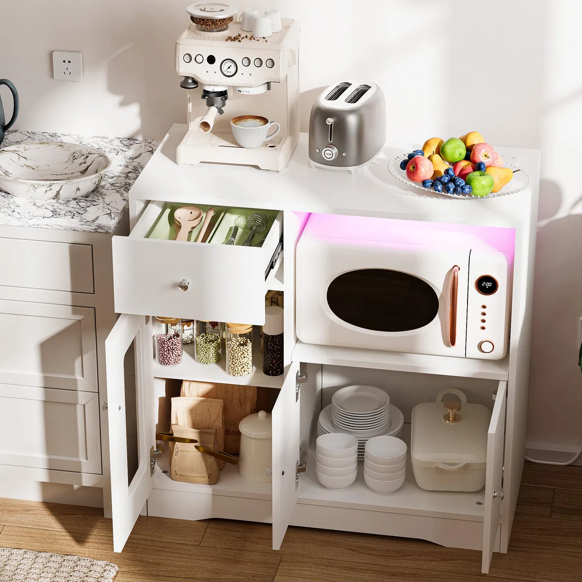 Aparador Cocina Mueble Auxiliar de Cocina Armario Buffet con Enchufe y LED, Mueble Microondas Cocina para Sala de Comedor Salón(Blanco, 83 x 40 x 80 cm)