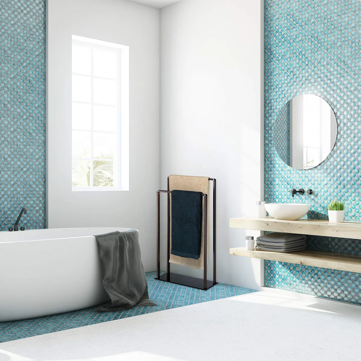 Relaxdays Toallero de Pie con 2 Barras, Metal-Cristal, Bronce-Negro, 80 x 45 x 20 cm