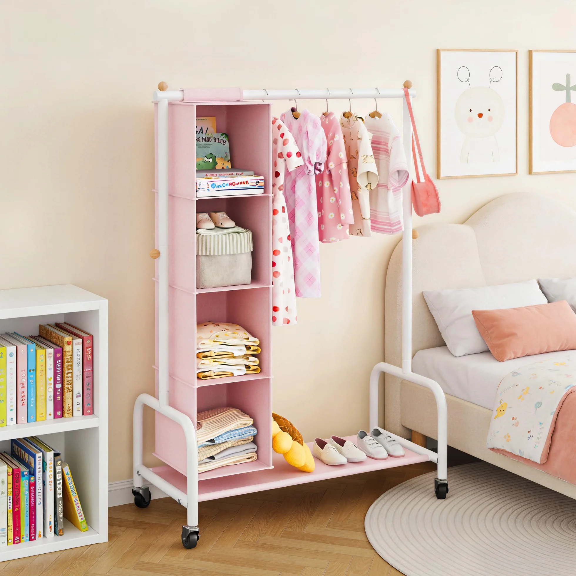 GRANNY SAYS Perchero Infantil con Organizador Colgante, Perchero con Ruedas para Disfraces Infantiles, Perchero para Ropa de Niños, Perchero para la Habitación del Bebé o la Guardería, Rosa/Blanco