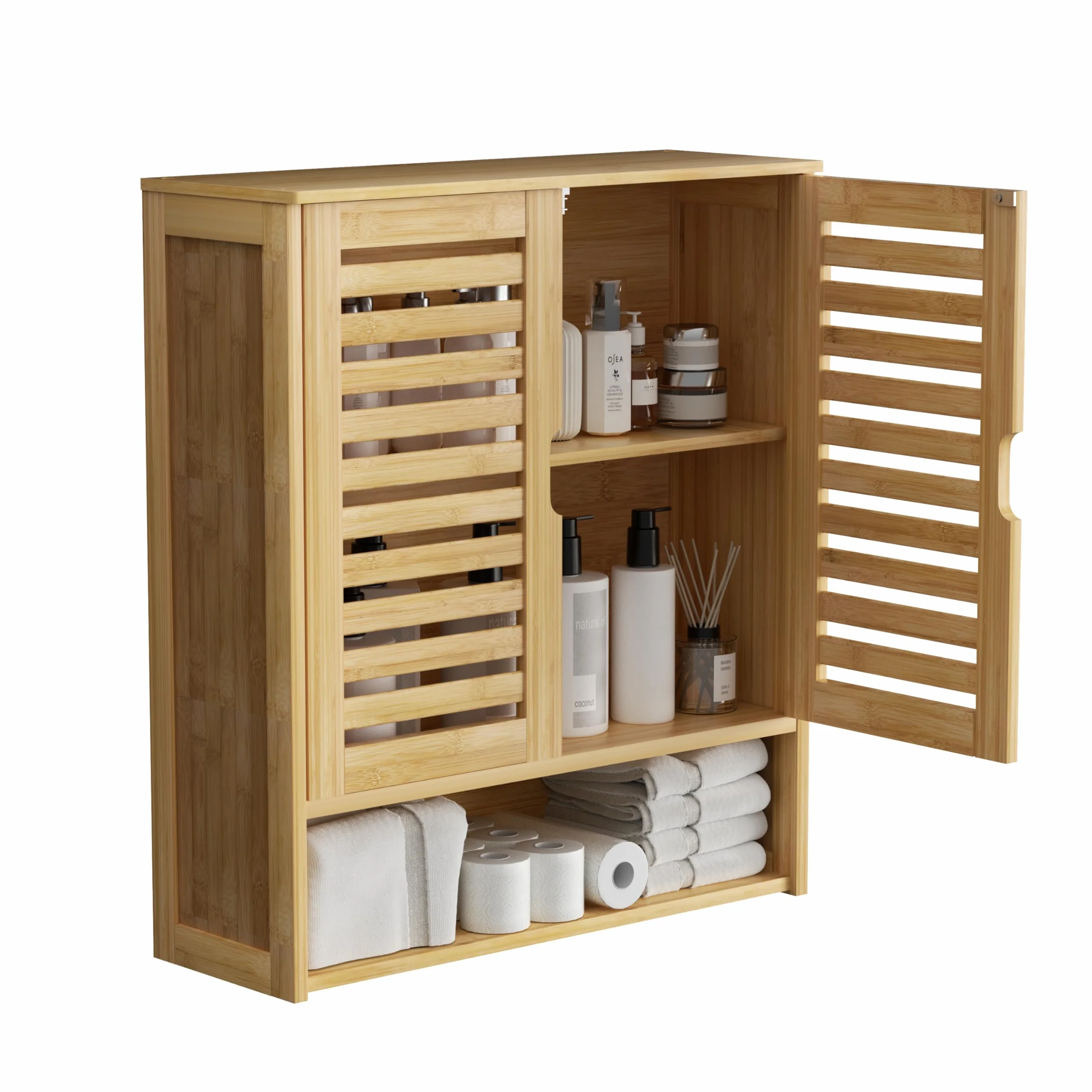 unho Armario de Baño de Bambú para Pared, Mueble Baño Colgar con Puerta con Cierre Magnético y Estante Ajustable, Organizador de Almacenamiento sobre Inodoro, 59x20.5x66.5cm, Madera Natural
