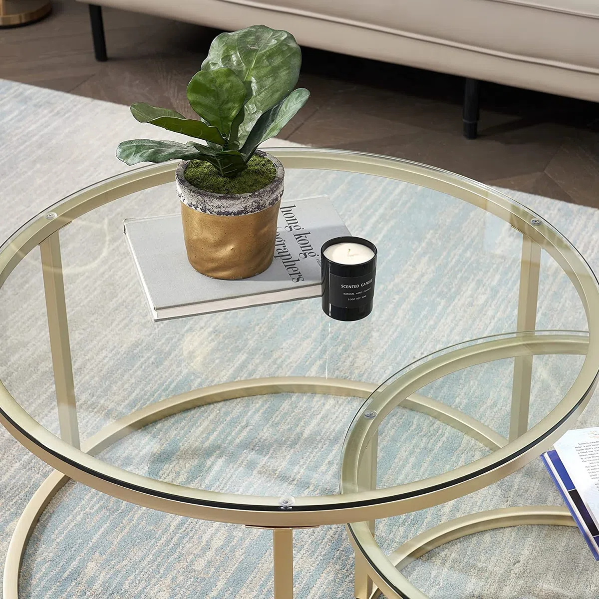 Conjunto de 2 Mesas de Centro Redondas, Mesas de Centro, Grande: 60 x 60 x 45 cm; Pequeña: 40 x 40 x 35 cm, Mesa Auxiliar Redonda, Tapa de Mesa de Vidrio Templado, Dorado Y Vidrio