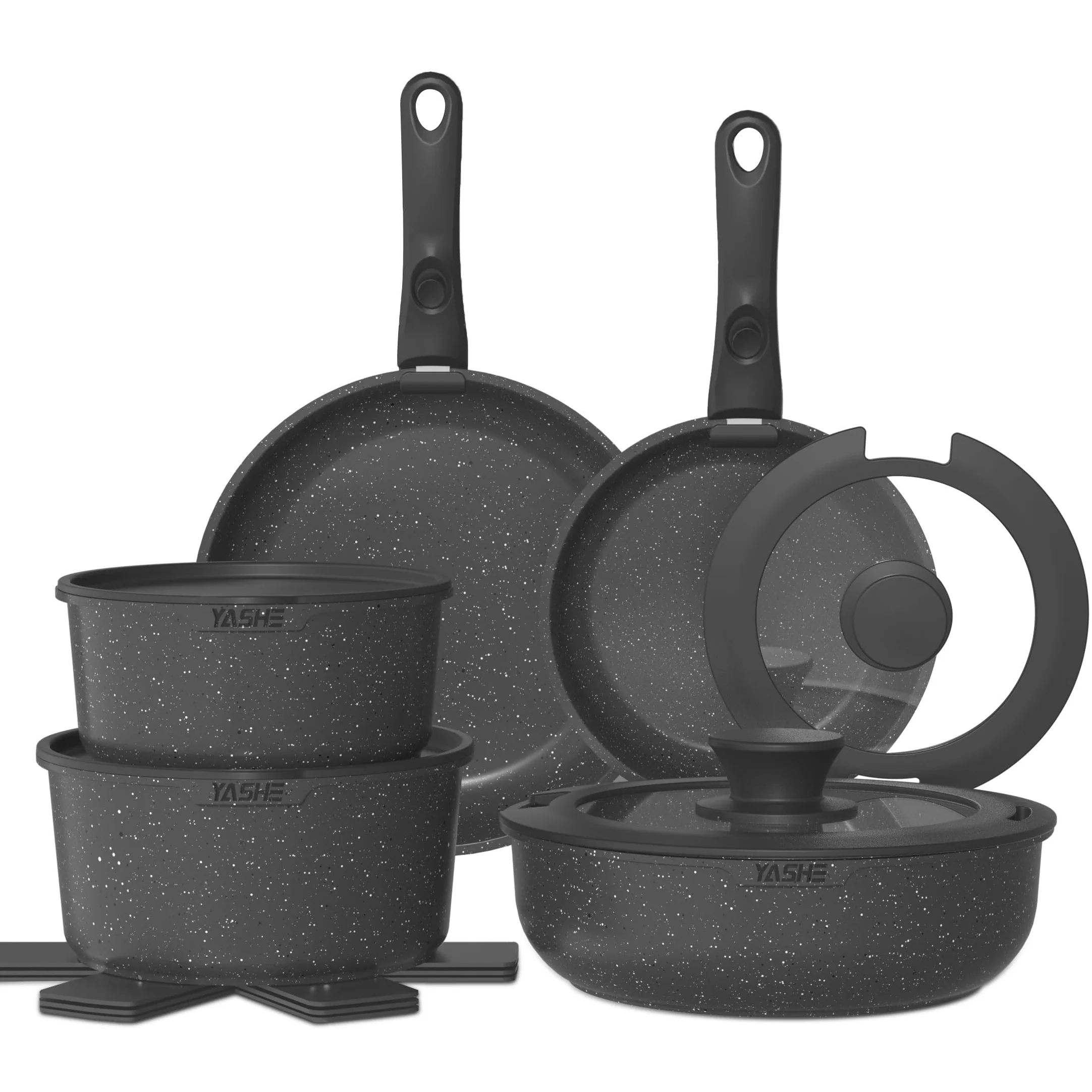 YASHE Juego de ollas y sartenes 15 piezas, revestimiento antiadherente granito, mangos desmontables, apilable, fácil de limpiar, compatible con inducción, gas y vitrocerámica, Blanco
