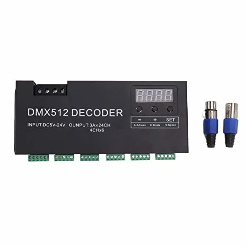 Decodificador DMX de 24 Canales, Decodificador DMX512 Controlador LED RGB 60A PWM DMX512 Controlador de Atenuación para Tiras LED RGB, DC 5V-24V Alta Potencia Sin Parpadeo