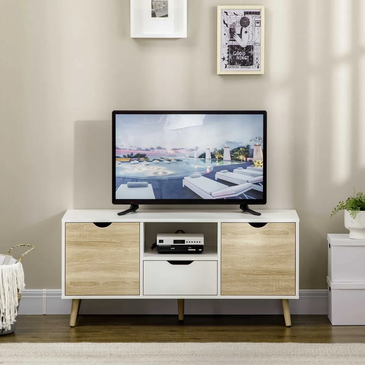 HOMCOM Mueble de TV, Mesa de TV con Cajón, 2 Puertas y Estante Abierto, Patas de Madera, para Televisores hasta 50 Pulgadas, Largo de 110 cm, para Salón, Dormitorio, Blanco y Madera Natural