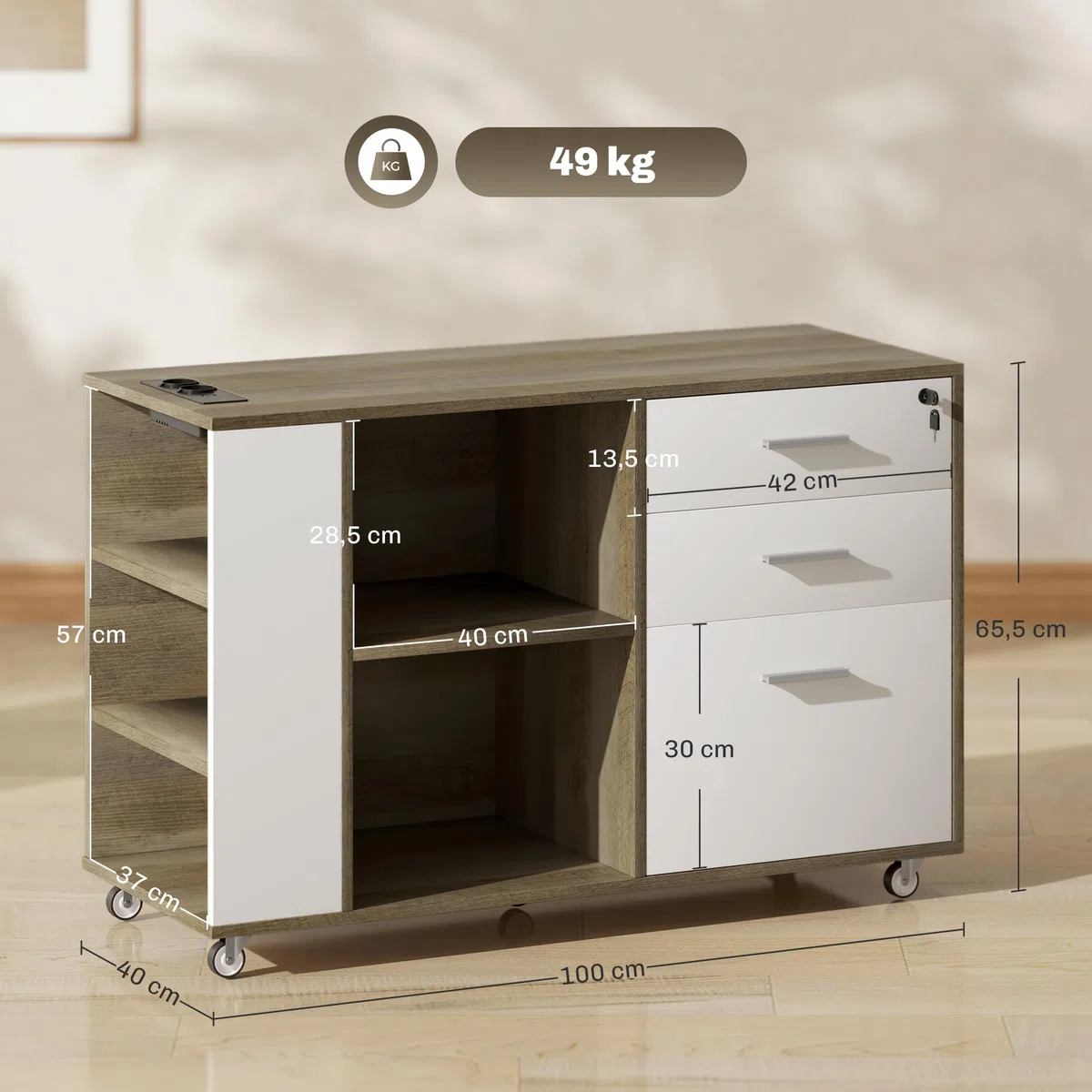 HOMCOM Cajonera de Oficina con Estación de Carga, Mueble Archivador con Ruedas, 3 Cajones, Barra Colgante, Cajonera para Escritorio con Cerradura, Estantes para Carta, A4, Legal, Marrón Grisáceo