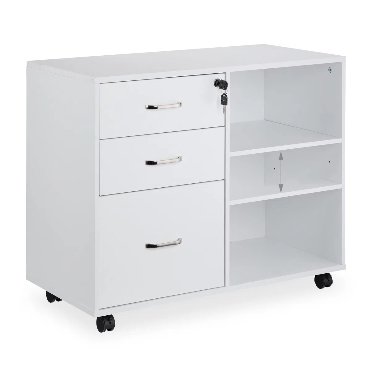 Relaxdays Mueble Archivador, 3 Cajones, 2 Compartimentos, 66x80x40 cm, 4 Ruedas Cajonera Oficina, con Llave, Blanco