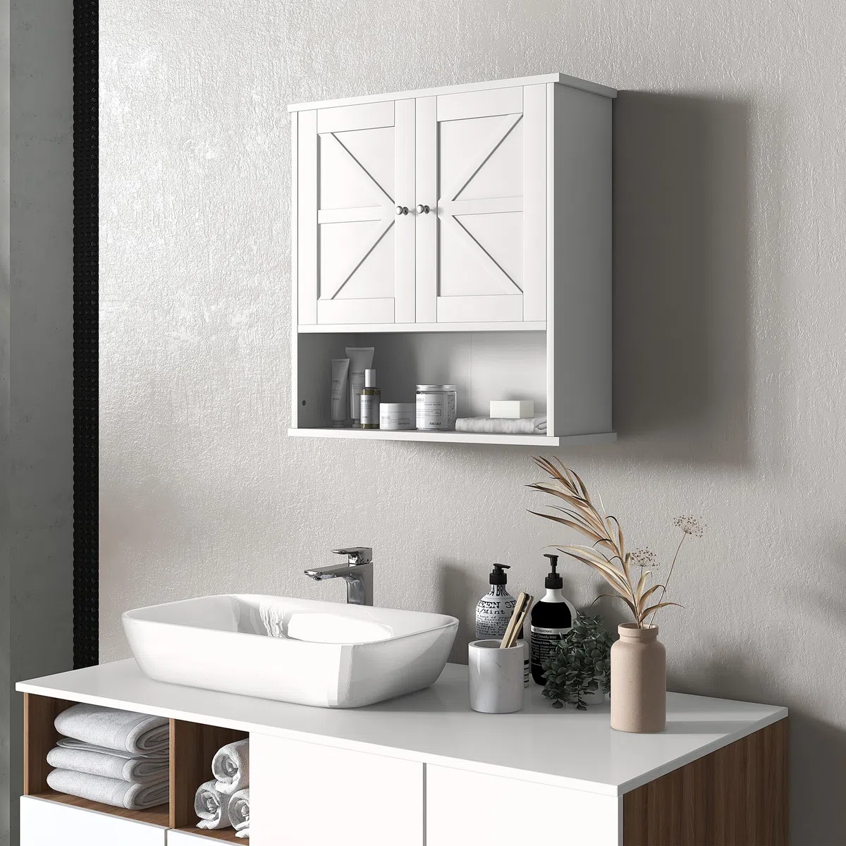 kleankin Armario de Baño de Pared, Mueble de Baño Colgar Rústico con Compartimento, Estante Ajustable, 2 Puertas, para Cocina, Lavadero, sobre el Inodoro, Blanco