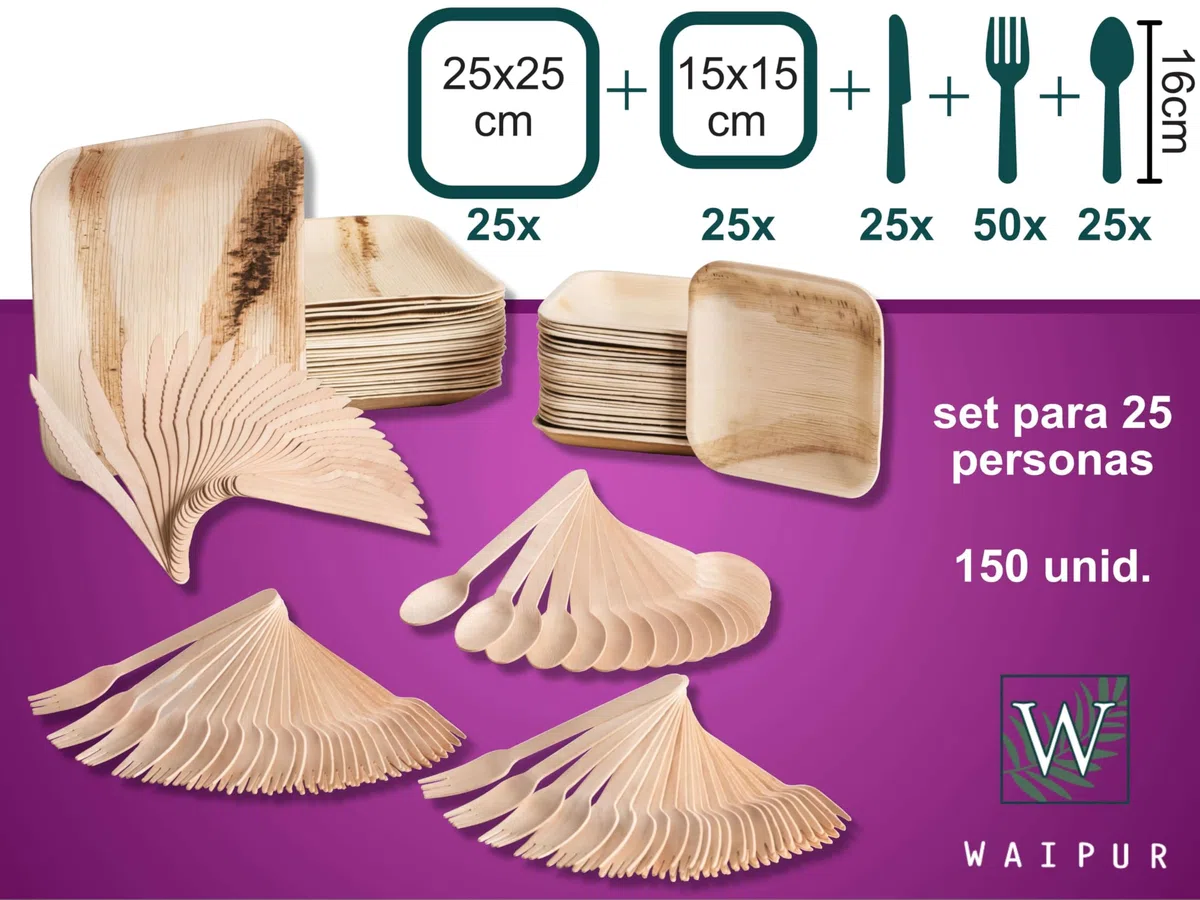 Platos Desechables de Hoja de Palma y Cubiertos de Madera - 25 Grandes y 25 de Postre, 50 Tenedores, 25 Cuchillos y 25 Cucharas - Vajilla Ecológica - Elegantes para Fiestas - similar al Bambu