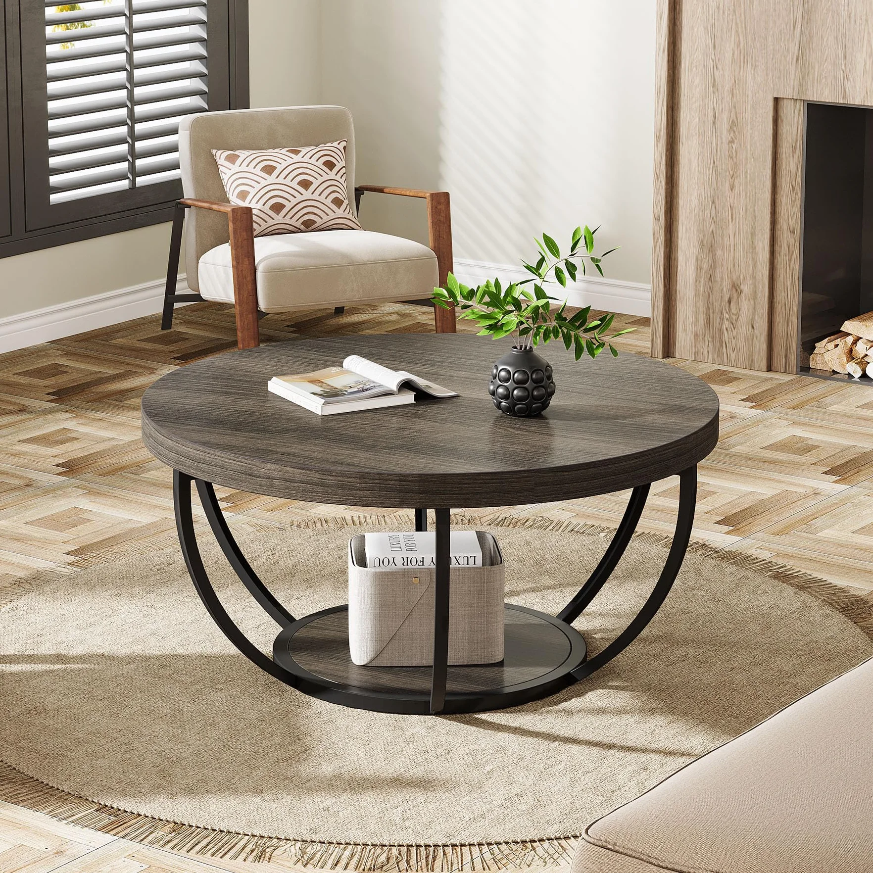 Tribesigns Mesa de Centro Redonda, 80 cm Mesa de Café Industrial Circular de 2 Niveles, Mesita Baja Sofá, Mesa Central Moderna de Madera para sofá, Mesa Auxiliar para Sala de Estar, Gris