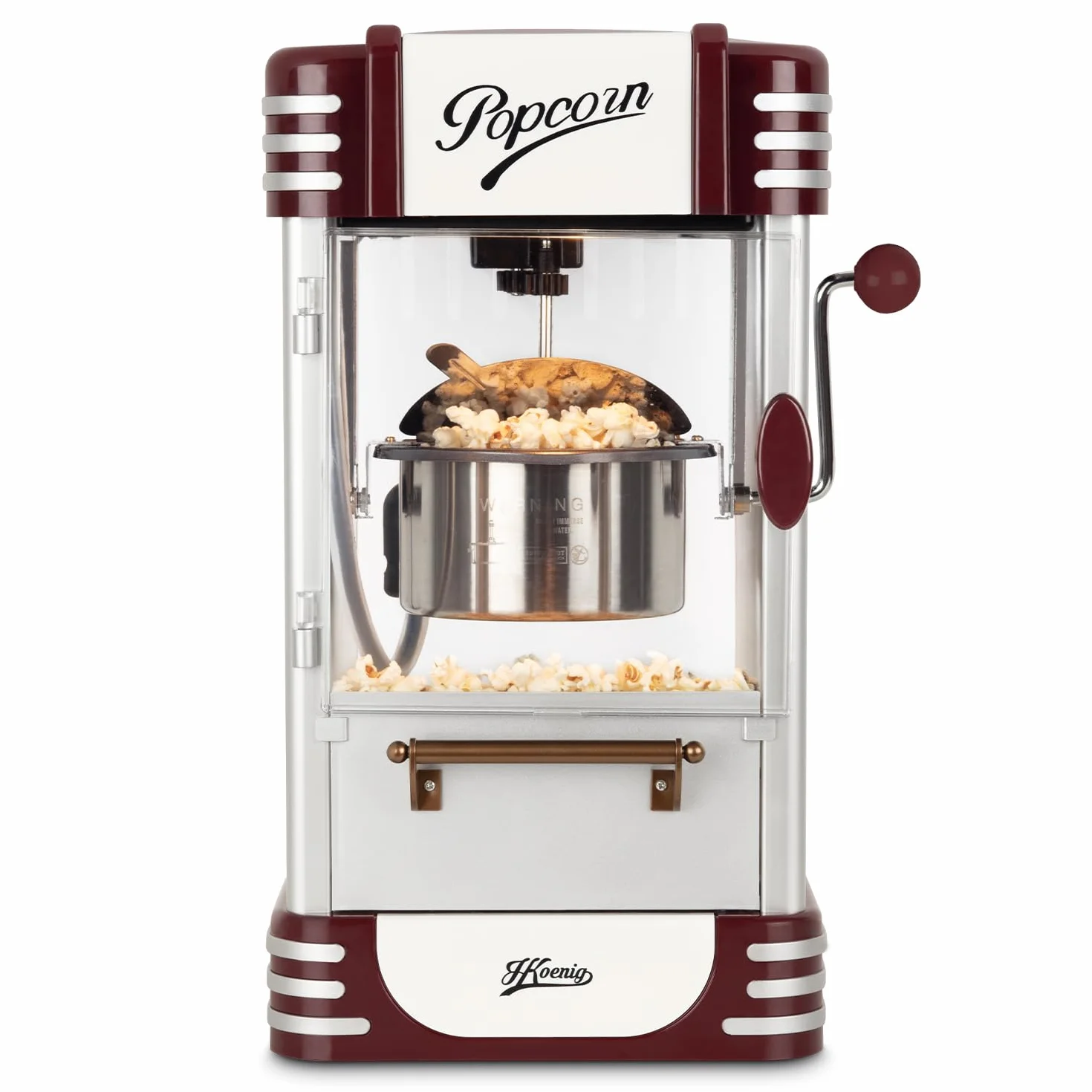 H.Koenig POP330 Maquina para Hacer Palomitas, Diseño Retro, Luz de Mantenimiento de Calor, Capacidad de Cacerola 50g en Acero Inoxidable, Puerta Magnetica, 360w