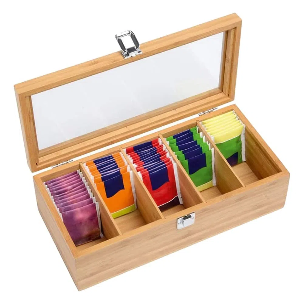 de Bambú Multifuncional Bolsa de Té Organizador de Joyas Caja de Almacenamiento 5 Compartimentos Caja de Té Organizador Contenedor de AzúCar