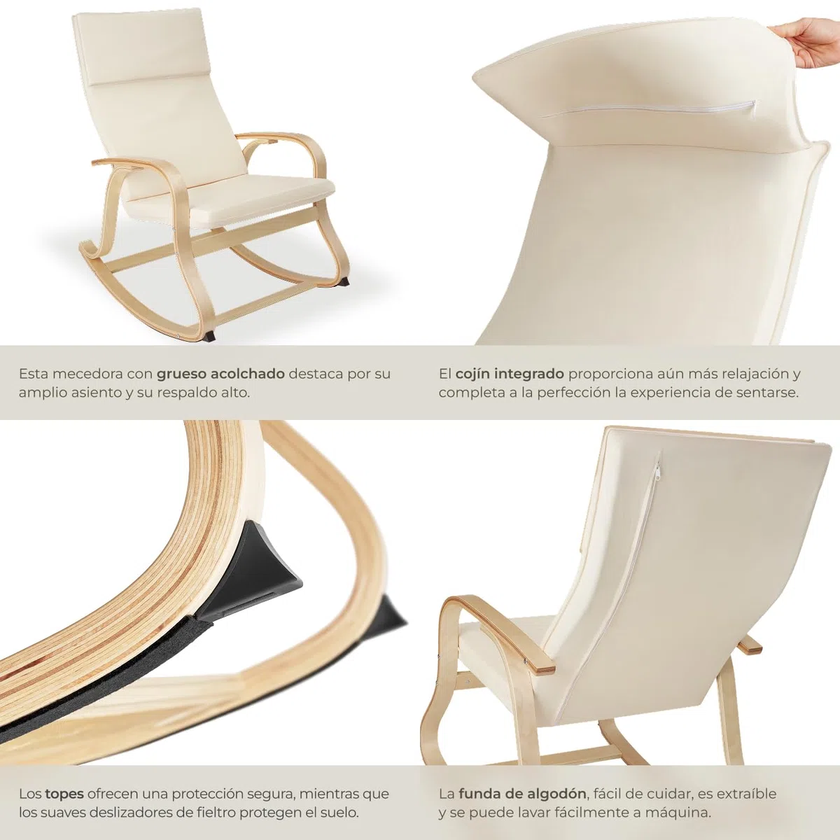 tectake 801034 - Mecedora Roca de Madera de Abedul 150kg, Silla Mecedora, Oscilante, Sillón Ergonómico para Balanceo (Beige)
