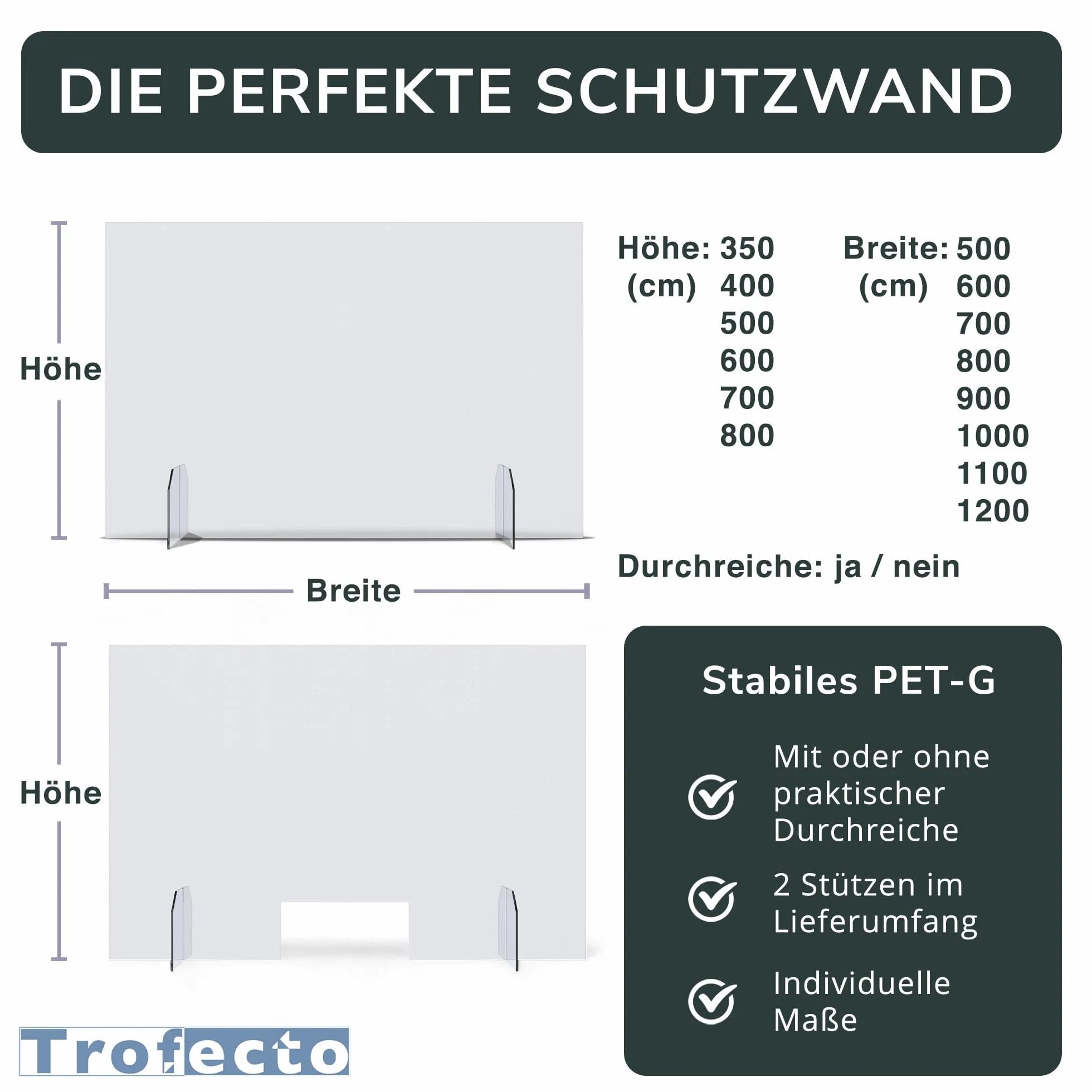 A+H Protección contra saliva – Tipo 5 – Pared para escupir como protección para tos/estornudos/agarre/salpicaduras, sin perforaciones en muchos tamaños (altura 600 mm, ancho 900 mm)