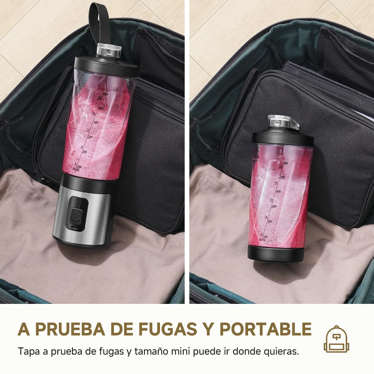 AMZCHEF Batidora portátil de 600 ml – Smoothie Maker con 6 cuchillas, motor de 120 W para llevar, carga rápida a través de USB-C, IPX6 resistente al agua, sin bisfenol A, mini batidora para batidos