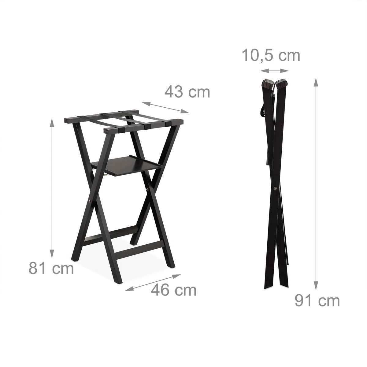 Relaxdays Soporte para Maletas, Plegable, Madera de Pino, 81x46x43 cm, Portamaletas para Hotel, Balda Adicional, Negro