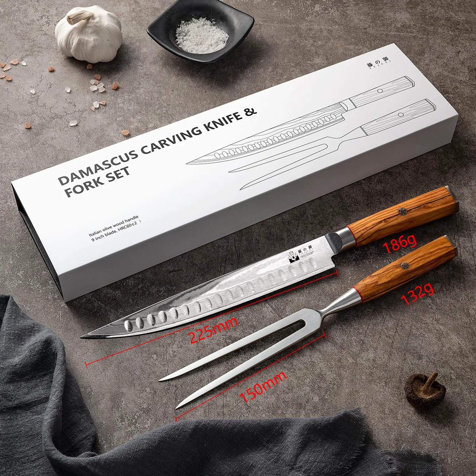 Set de Cuchillos Para Trinchar 2 Piezas, Cuchillo Rebanador de 22,5cm y Tenedor, Cuchillo para Carne de Acero Damasco de 67 Capas, Núcleo de Corte VG10 con Mango de Madera de Olivo