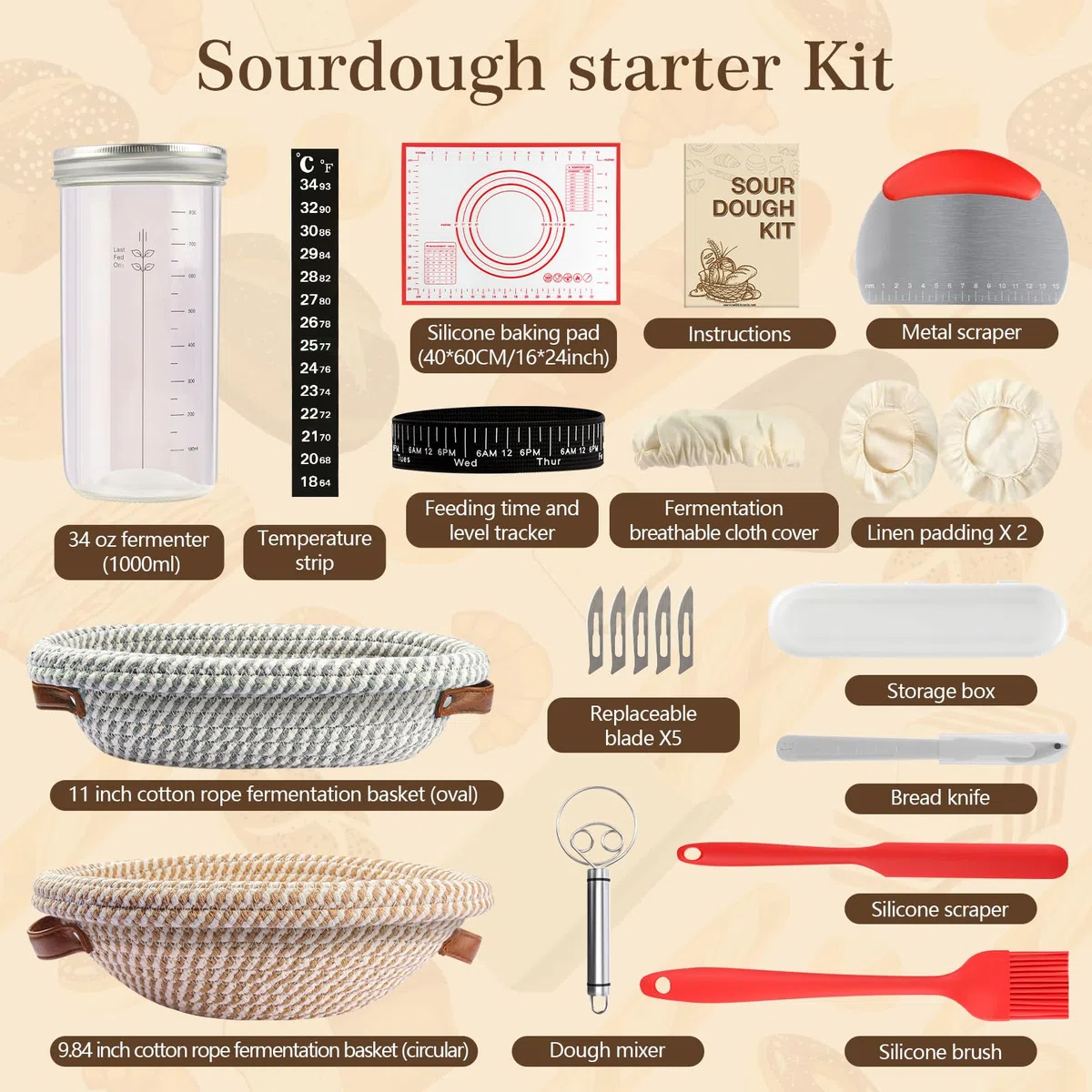 Cesta para levar pan, cesta de fermentación, kit de inicio para pan de masa madre, banneton, regalos para hornear para panaderos, mujeres, esposas, mamás y amigas