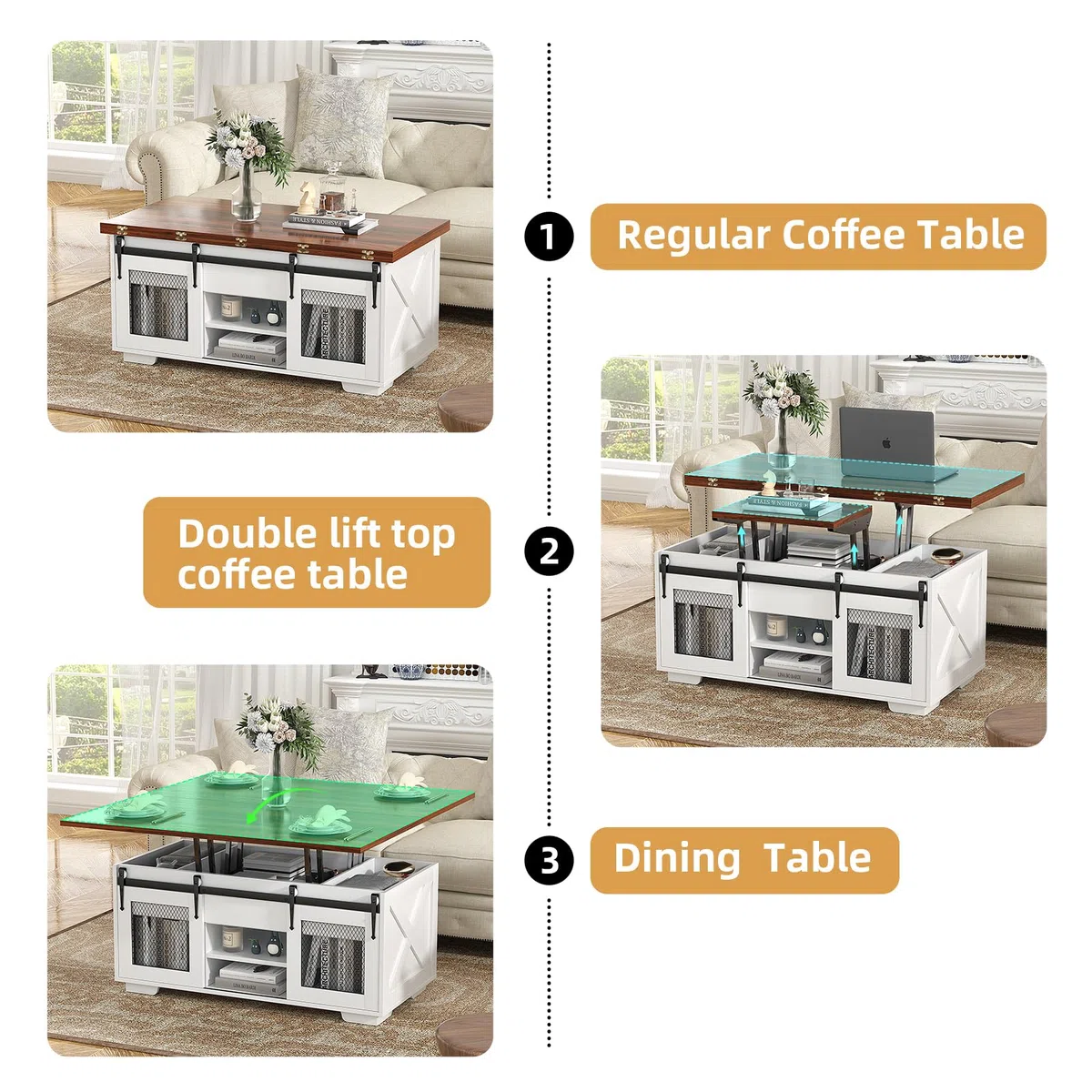VOWNER Mesa de Centro Elevable, Mesa Extensible, Multifuncional 3 en 1 con Almacenamiento Oculto - Comedor, Convertible, Estilo Granja, Nogal