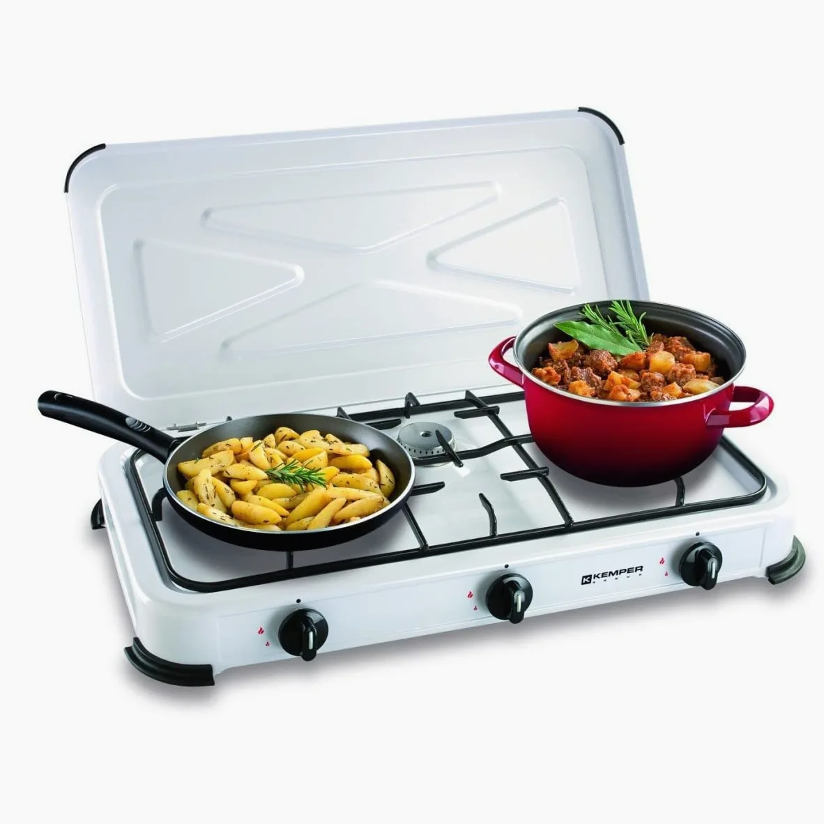 KEMPER – Placa de cocción de gas 3 luces portátil, 3450 W, tapa extraíble, color blanco – Hornillo para camping, conexión de botella de gas Butano/propano simple y segura