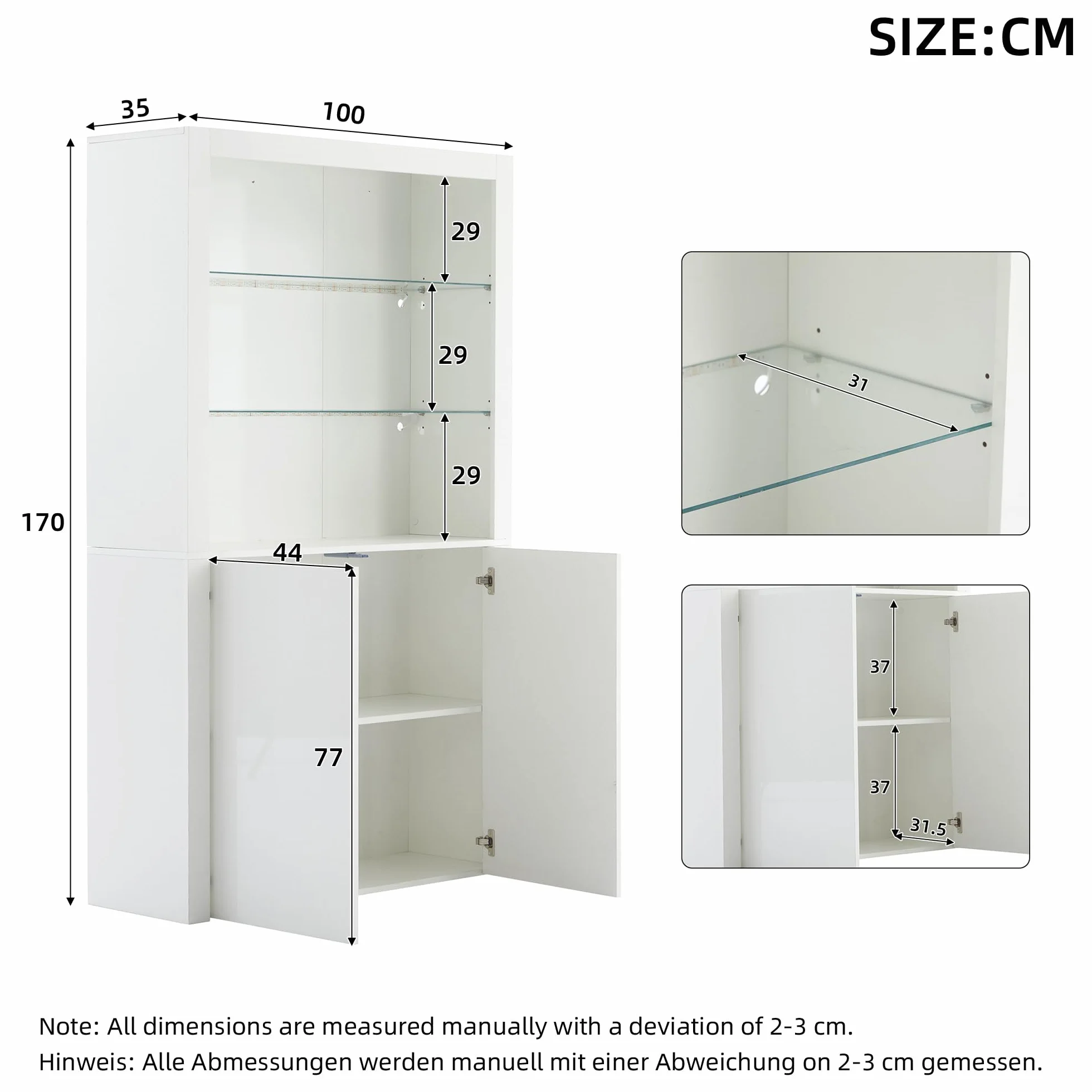 SUKY Armario de almacenamiento para sofá de 100 x 35 x 170 cm, armario de almacenamiento de alto brillo, armario de vitrina con luces LED, capa de pantalla de cristal templado, armario vertical alto