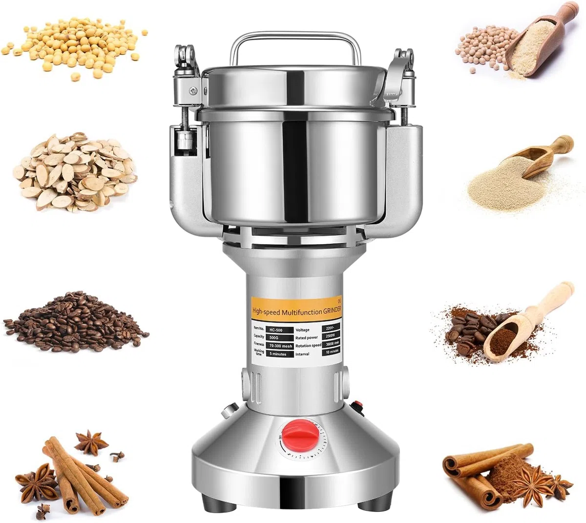 Sunowl Molinillo de Granos Portátil 500 g, Molinillo de Piedra de Alta Velocidad de 220 V, Molinillo de granos Acero Inoxidable Eléctrico para con 3 cuchillas, para Cereal,Hierba,Especia,Nuez