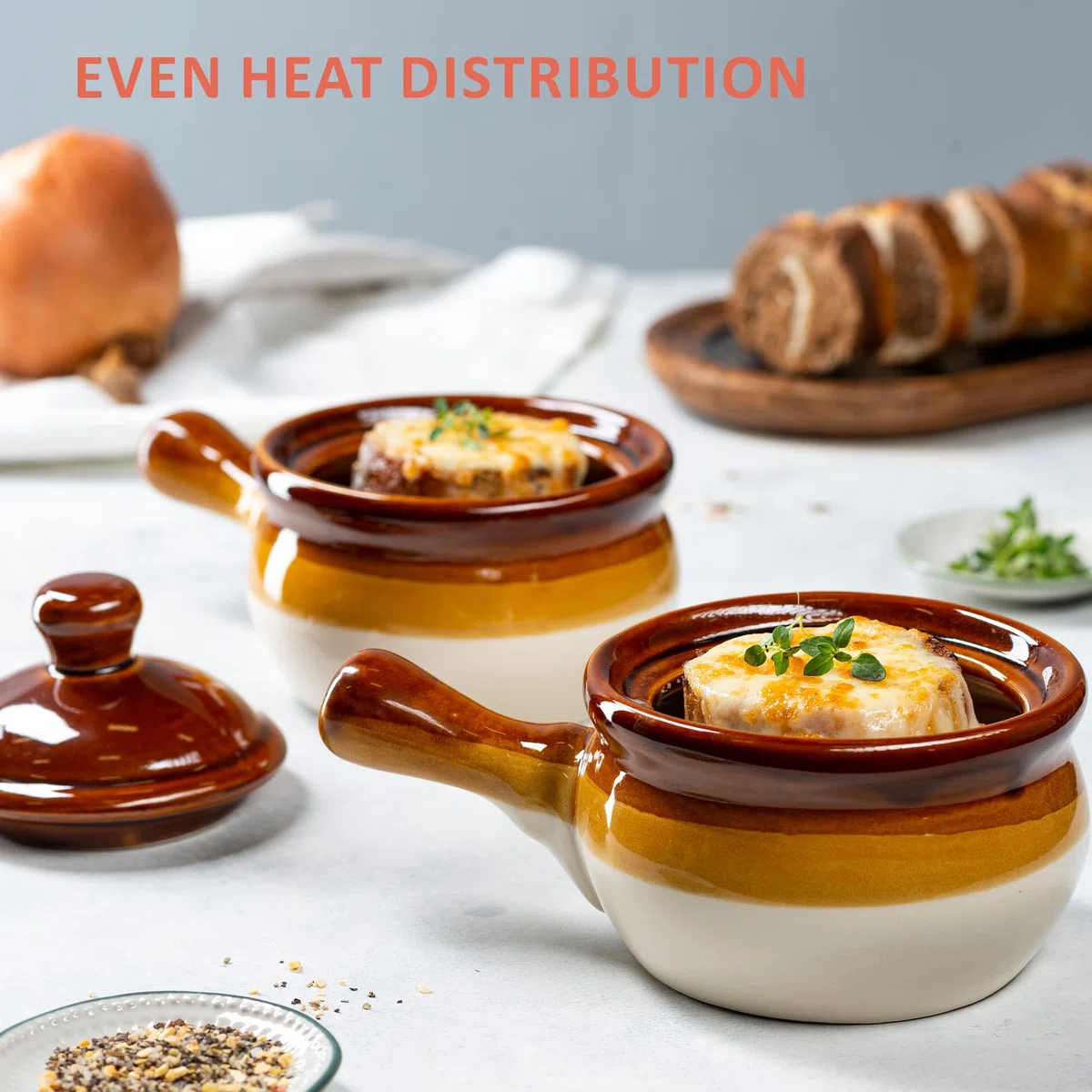 KooK Vajillas para sopa de cebolla francesa con tapas, cuencos de cerámica, asas grandes, aptos para lavavajillas, microondas, horno y asador, marrón/blanco, juego de 4, 15 onzas, colección Puebla