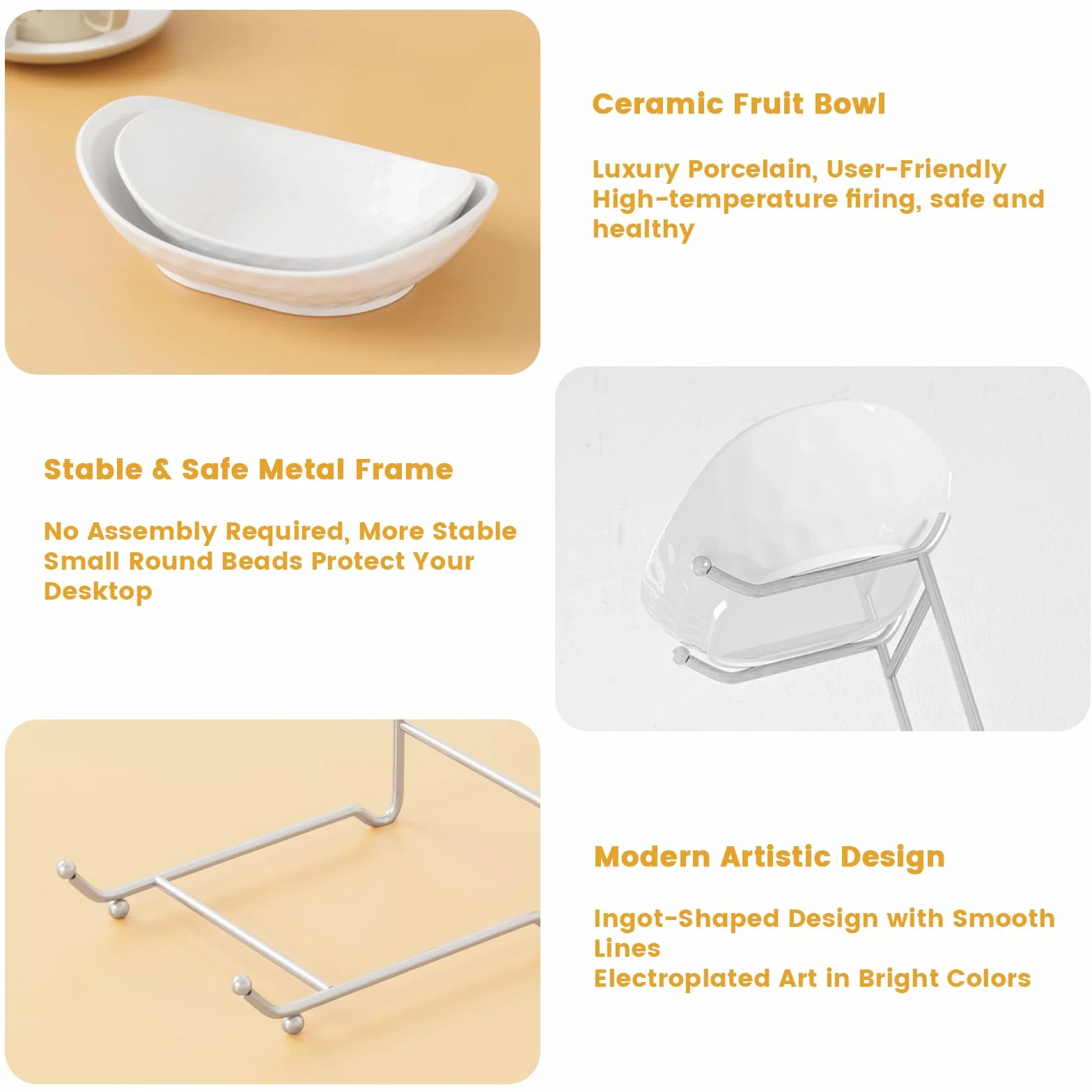 Cuenco de frutas, cesta de cerámica de 3 niveles, soporte para servir de 3 niveles con estante de metal, cuencos de cocina de porcelana para frutas, verduras, aperitivos, nueces, postres,