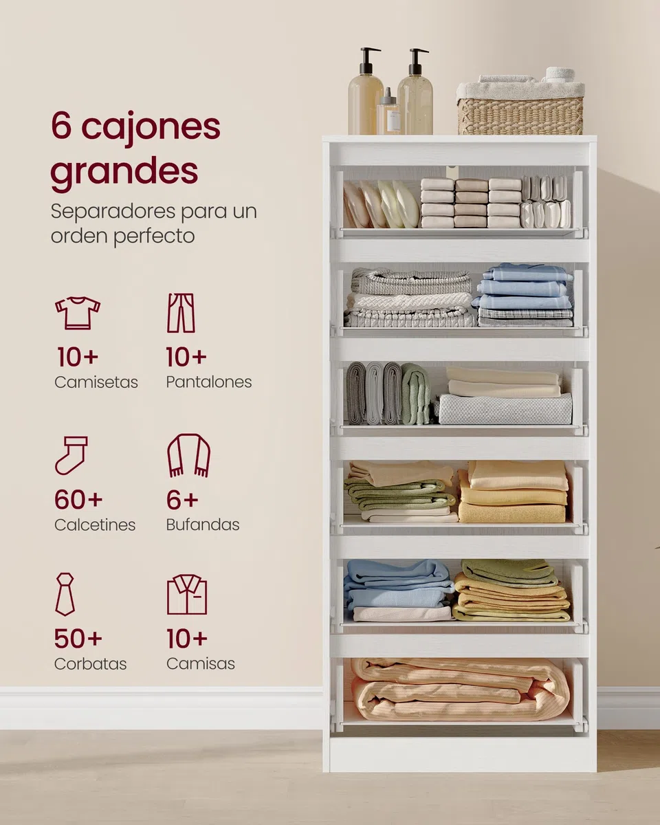 VASAGLE Colección Kailyn - Cómoda de 6 Cajones para Dormitorio, Armario de Almacenamiento, Mueble para Ropa, 30 x 48 x 111,2 cm, Estilo Moderno, Blanco Nieve LTS606WE01