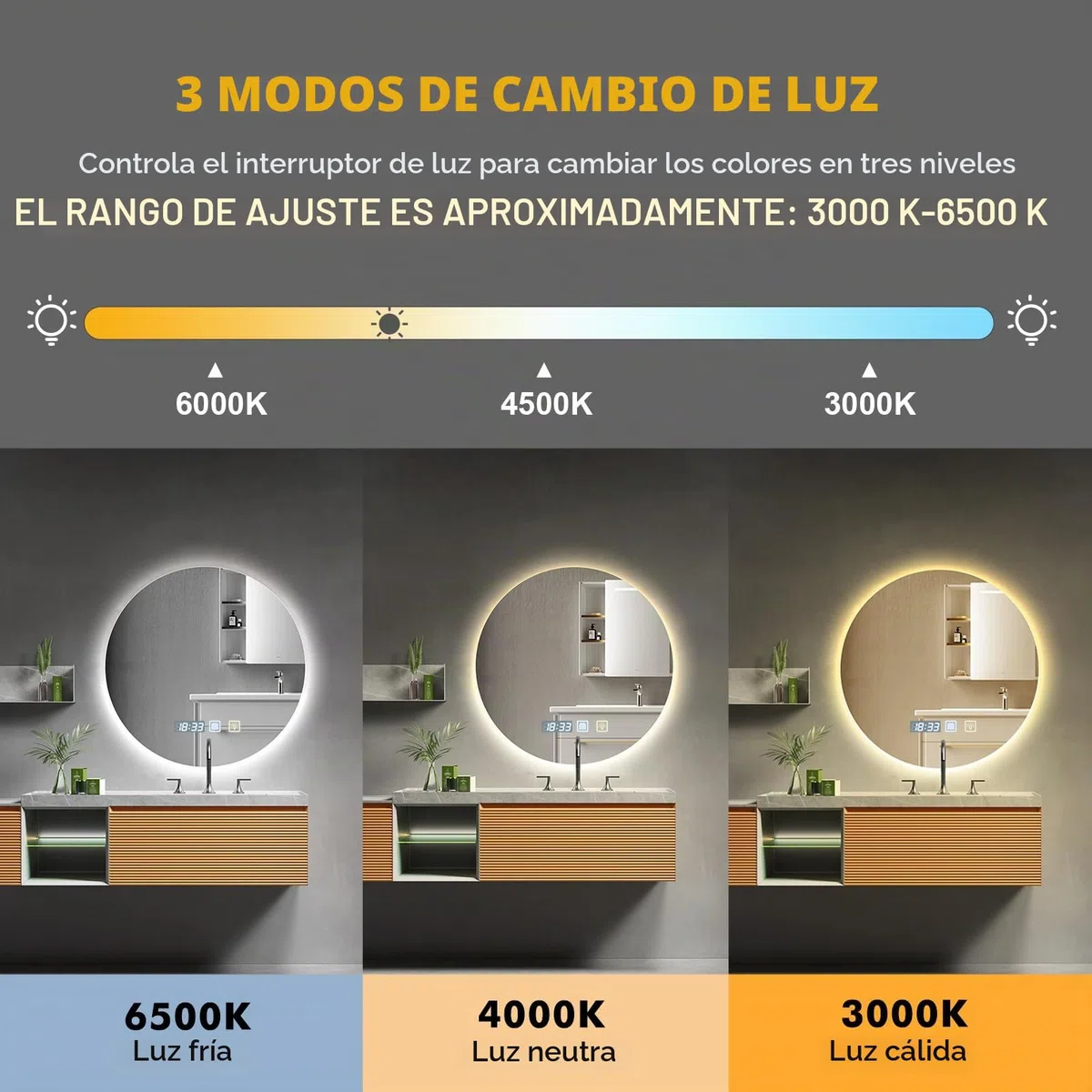 Sararoom Espejo Baño con Luz 60cm, Luces de Baño Espejos de Pared con Reloj, Función Antivaho, 3000K/4000K/6500K, Regulable, Memoria, Cristal Templado HD, IP44 Espejos de Tocador LED Retroiluminado