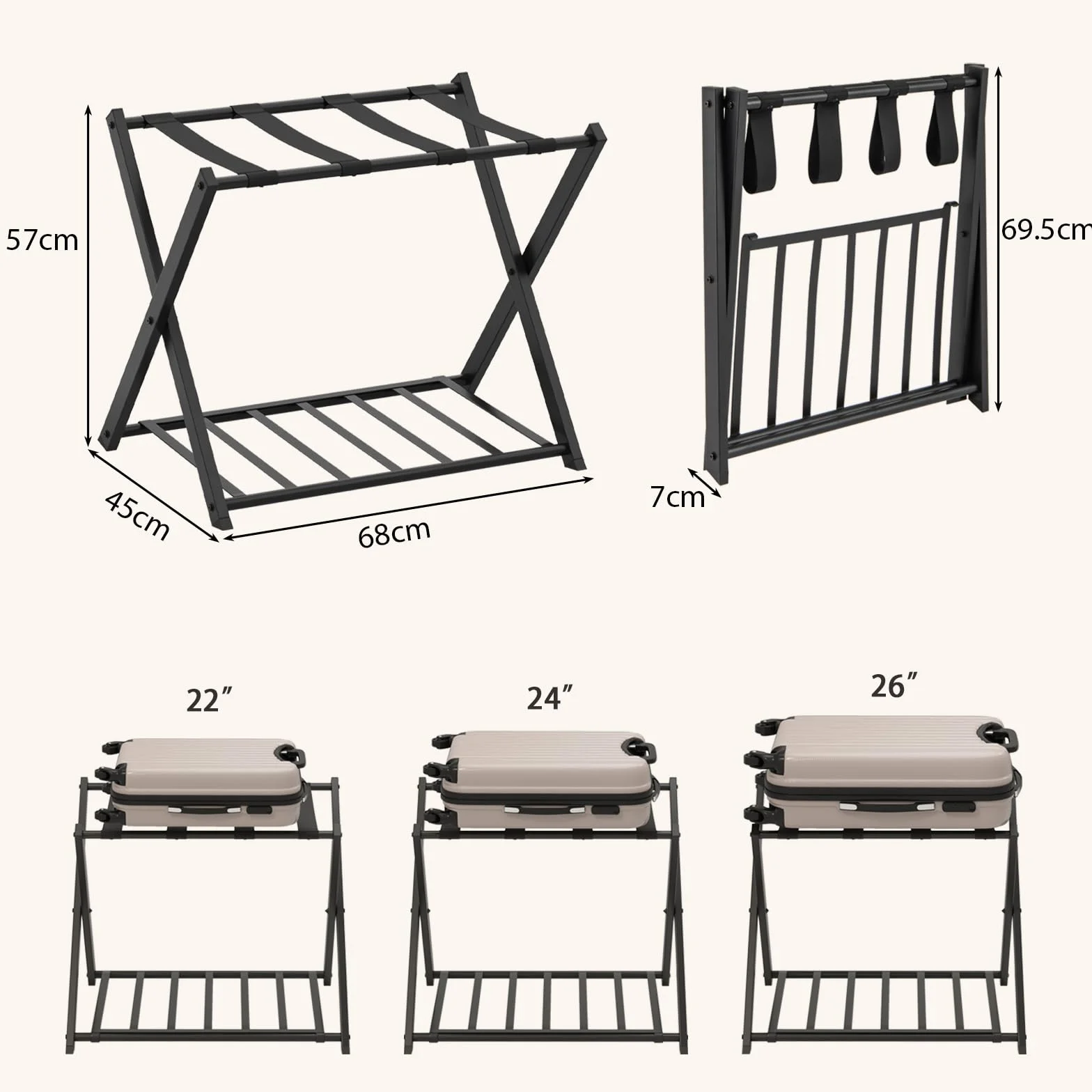 GIANTEX Portaequipajes Plegable simple, Portaequipajes de Metal para Ahorro de Espacio, Utilizar en Habitaciones, Hoteles, 68 x 43 x 58 cm (Negro)