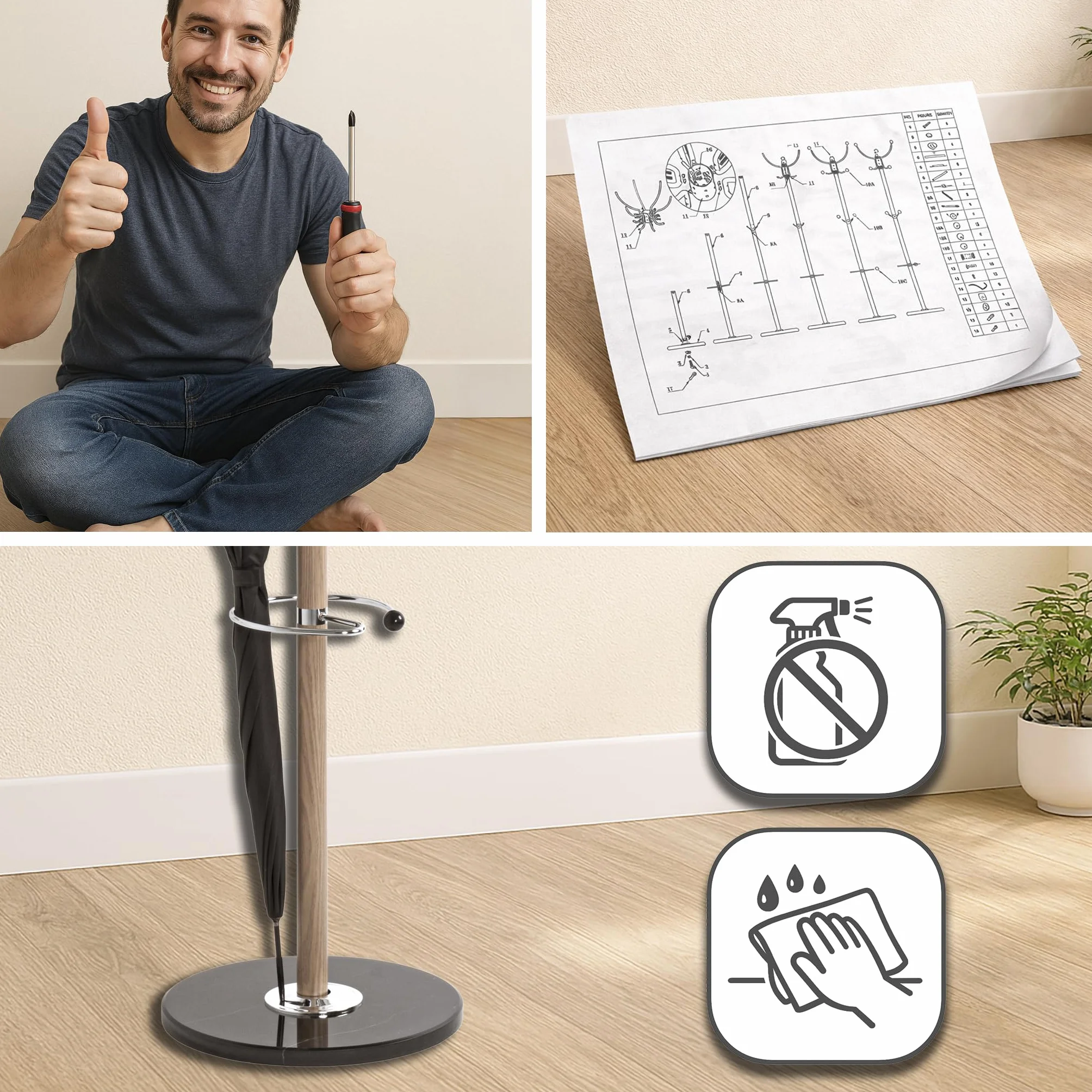 HAKU Perchero cromo, negro, Mármol, metal - Dim.: AL 179 cm x diámetro 40 cm, Estilo: Moderno