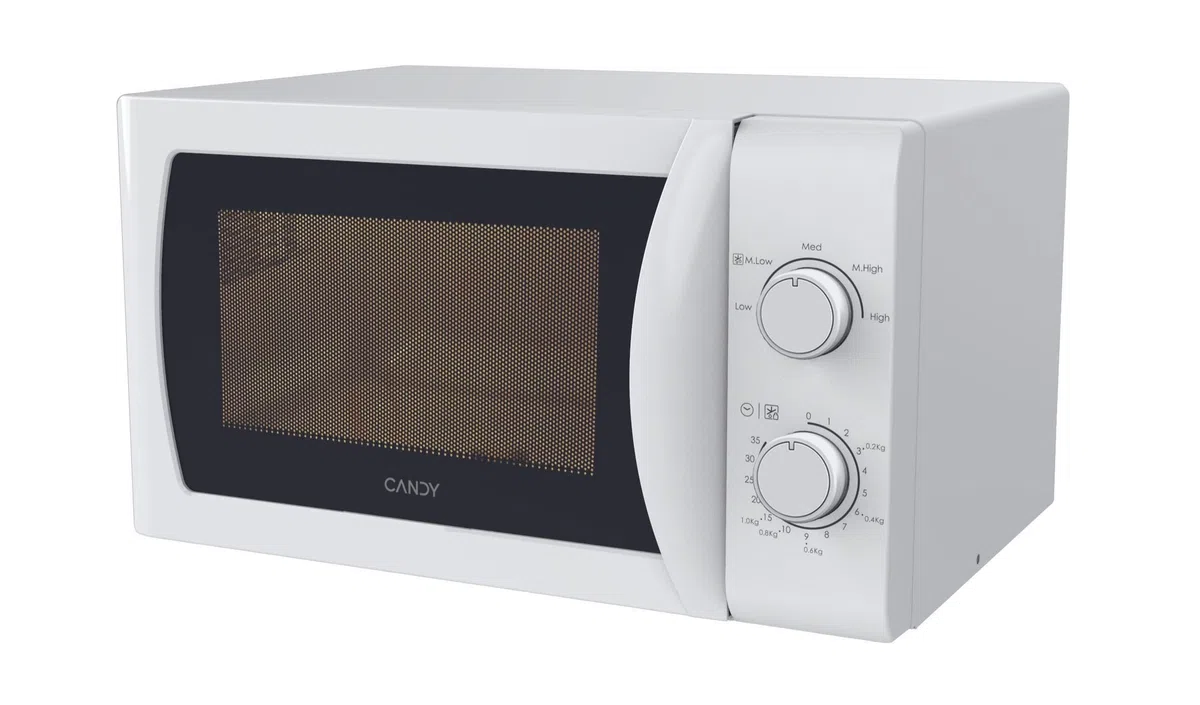 Candy Idea CMW20SMW Microondas, 20L, 700W-1050W,5 Niveles de Potencia, Panel de Control Mecánico, Alerta Acústica Finalización, Plato 25,5CM, Descongelación, Apertura Izquierda, Blanco