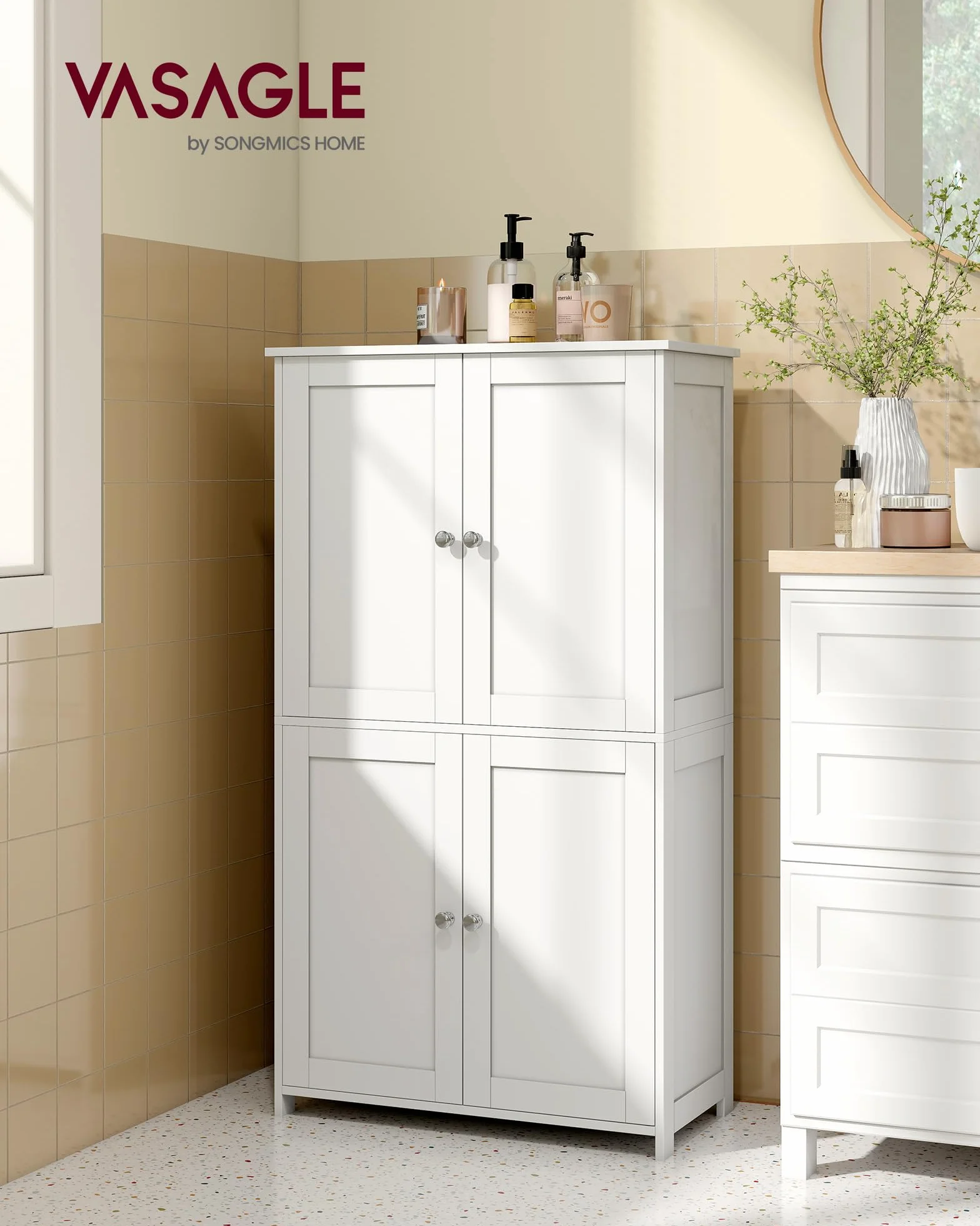 VASAGLE Mueble de Baño, Armario de Almacenaje, con 2 Estantes Regulables y 4 Puertas, Mueble Alto para Cocina, Blanco Nube BBC553WH01