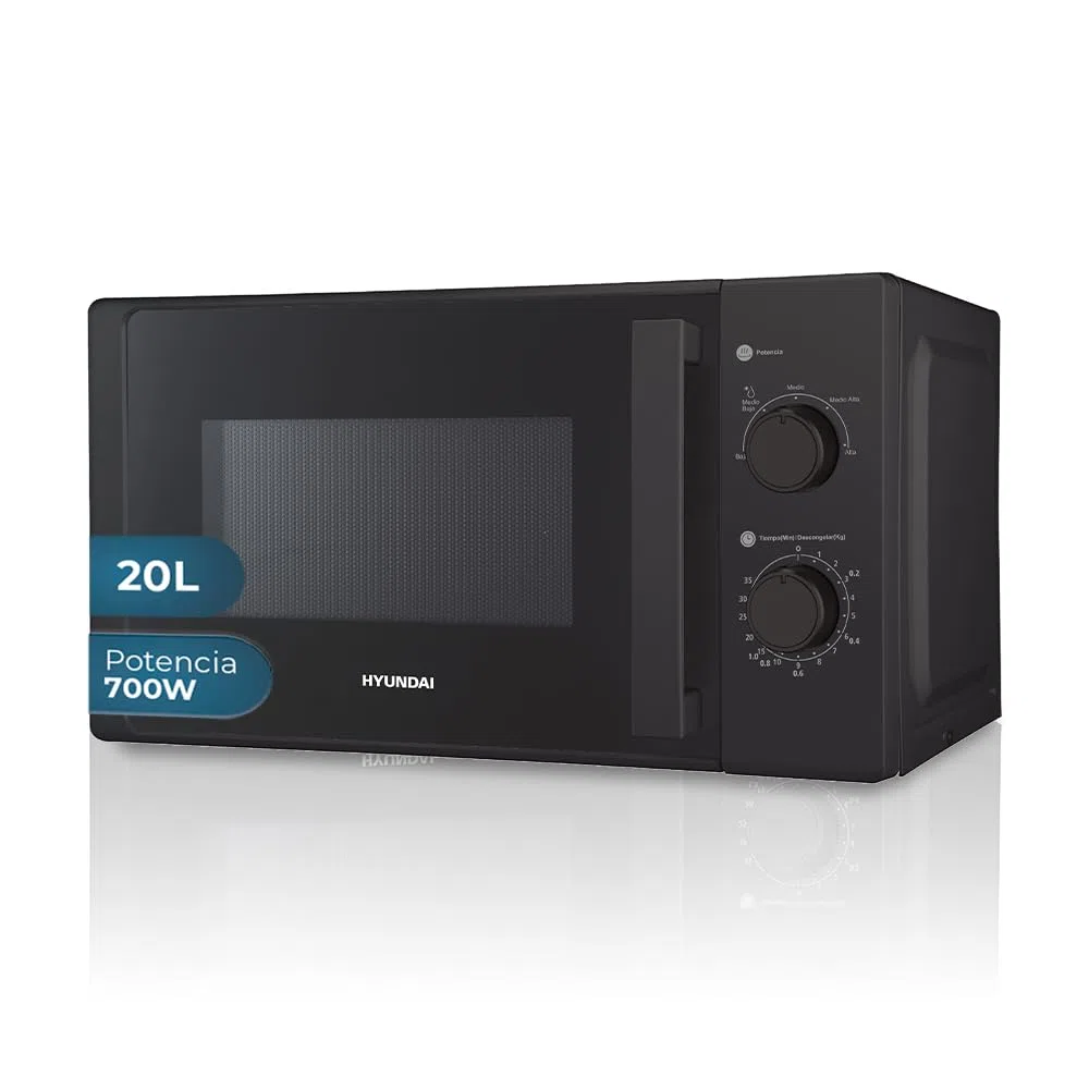 Hyundai Microondas 20 Litros Básico Cristal negro HMW2700N. 700W, 5 Programas, Modo Descongelación, Revestimiento Interior, Fácil Limpieza, Temporizador 35min.
