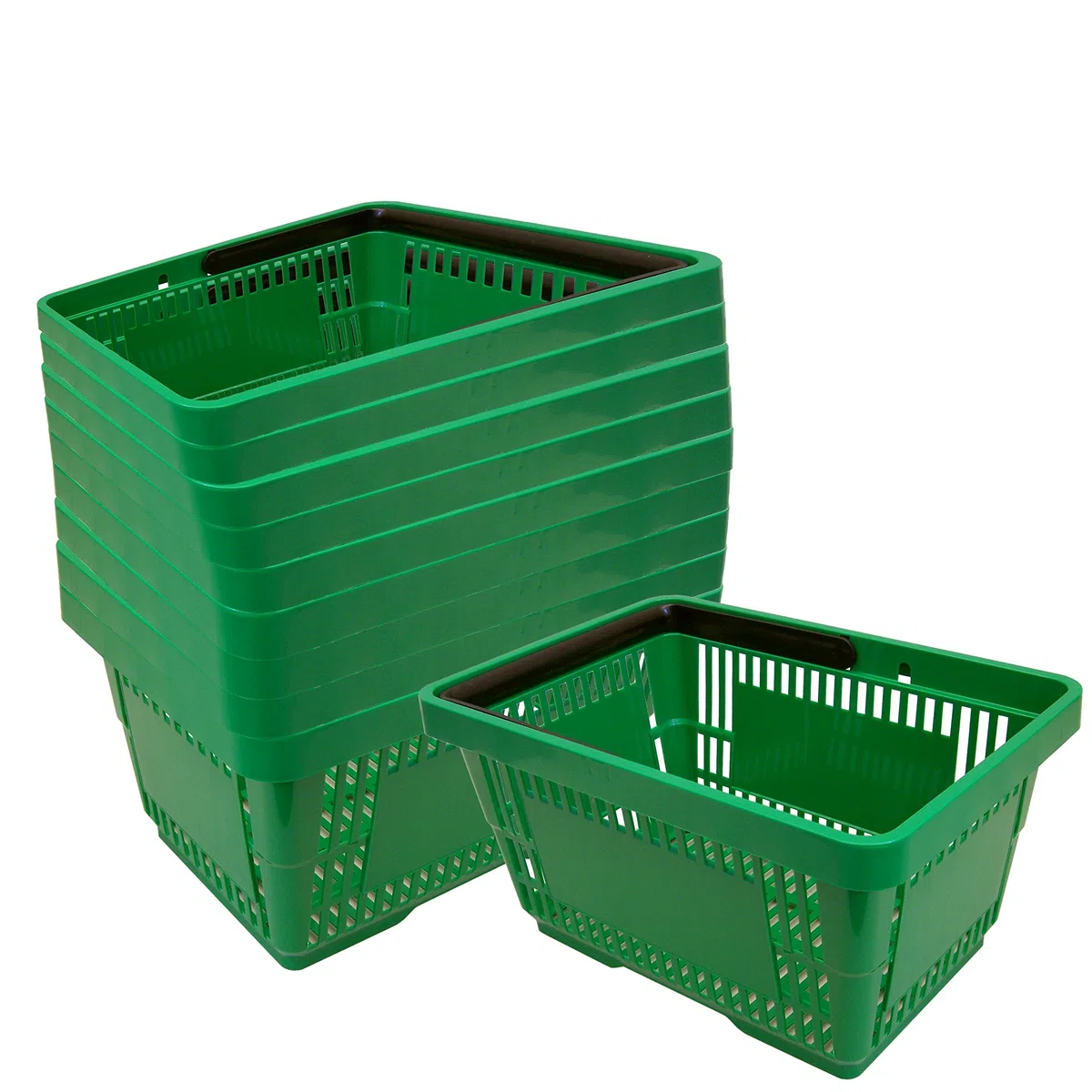 10 cestas de plástico con asa, 20 litros, 40 cm, apilables, color verde