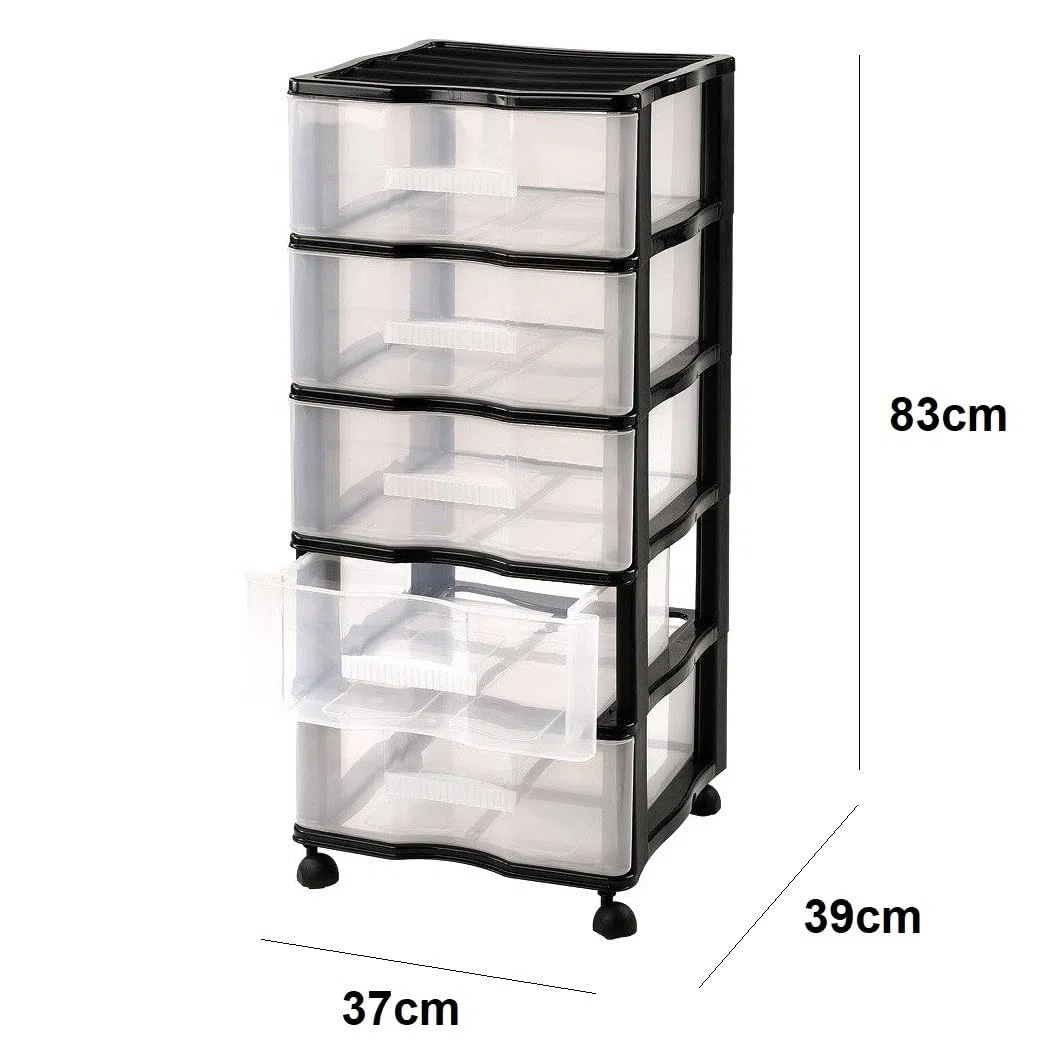 Cajonera plastica con 5 cajones y ruedas, Carro de oficina, Peluqueria, hogar, Escuela, Gavetas de Almacenamiento Extraibles, Organizador (Negro 5 Cajones)