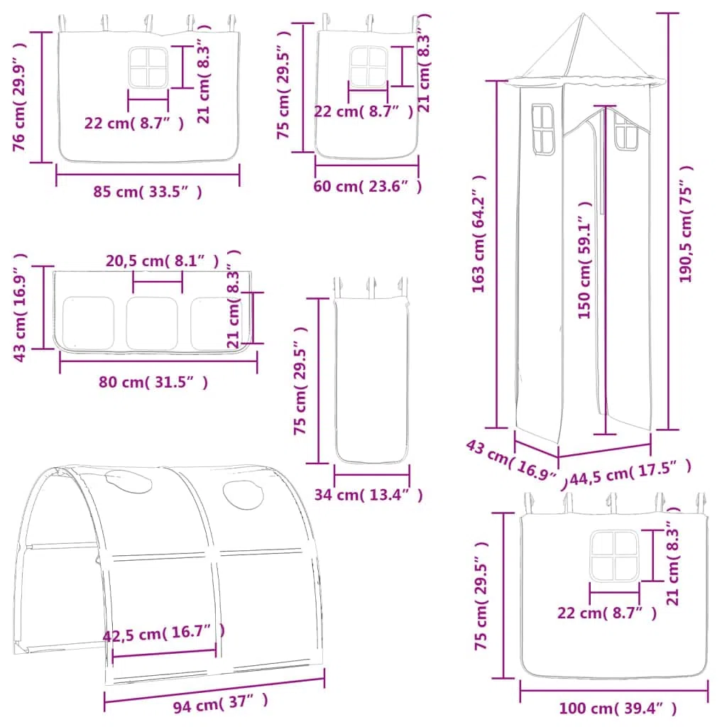 vidaXL Cortinas para Cama Alta con Túnel y Torre, Cortinas para Litera con Bolsillos, Dosel para Niños, Decoraciones para Dormitorio, Blanco y Negro