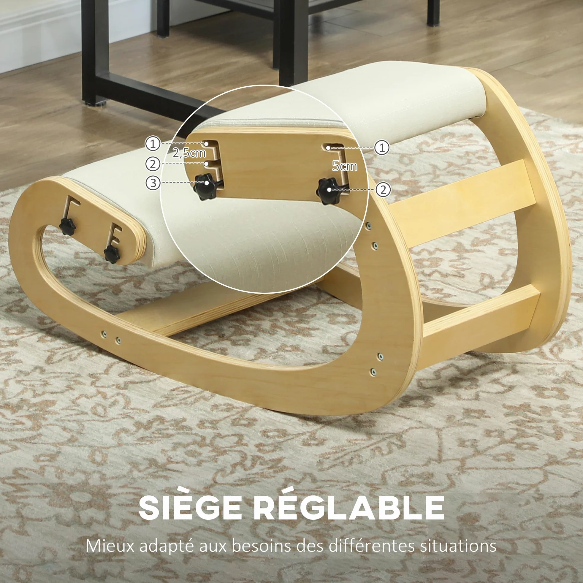 HOMCOM Silla de Rodillas, Mecedora ergonómica de Madera, Silla de Rodillas Ajustable para la Oficina en casa, Mejorar la Postura, Dolor de Espalda, Crema