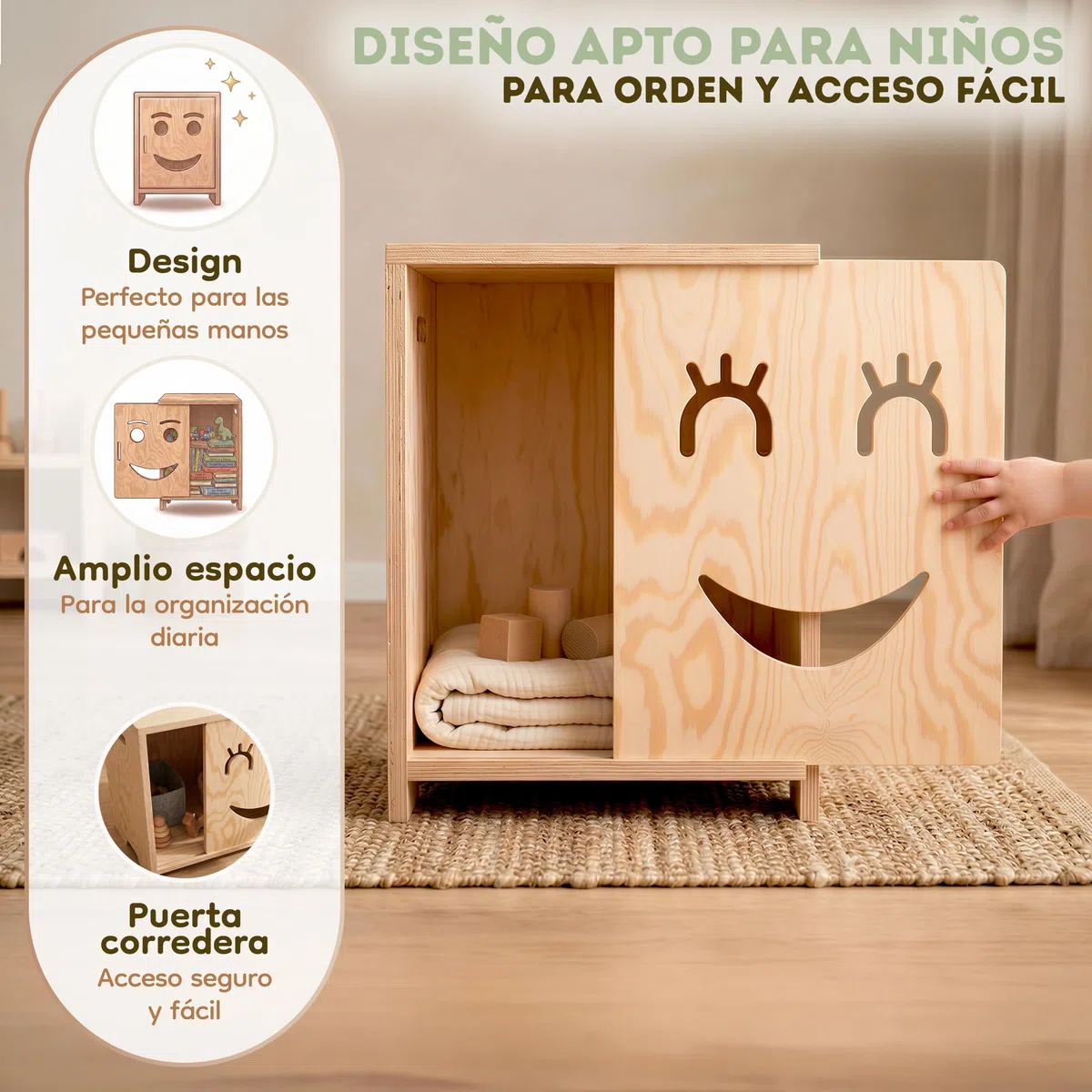 smartwood Mesita de Noche Infantil - Mesilla Montessori de Madera Contrachapada de Pino Certificada FSC - Diseño Apto para Niños, Estructura Estable y Montaje Fácil - KAPI 3P