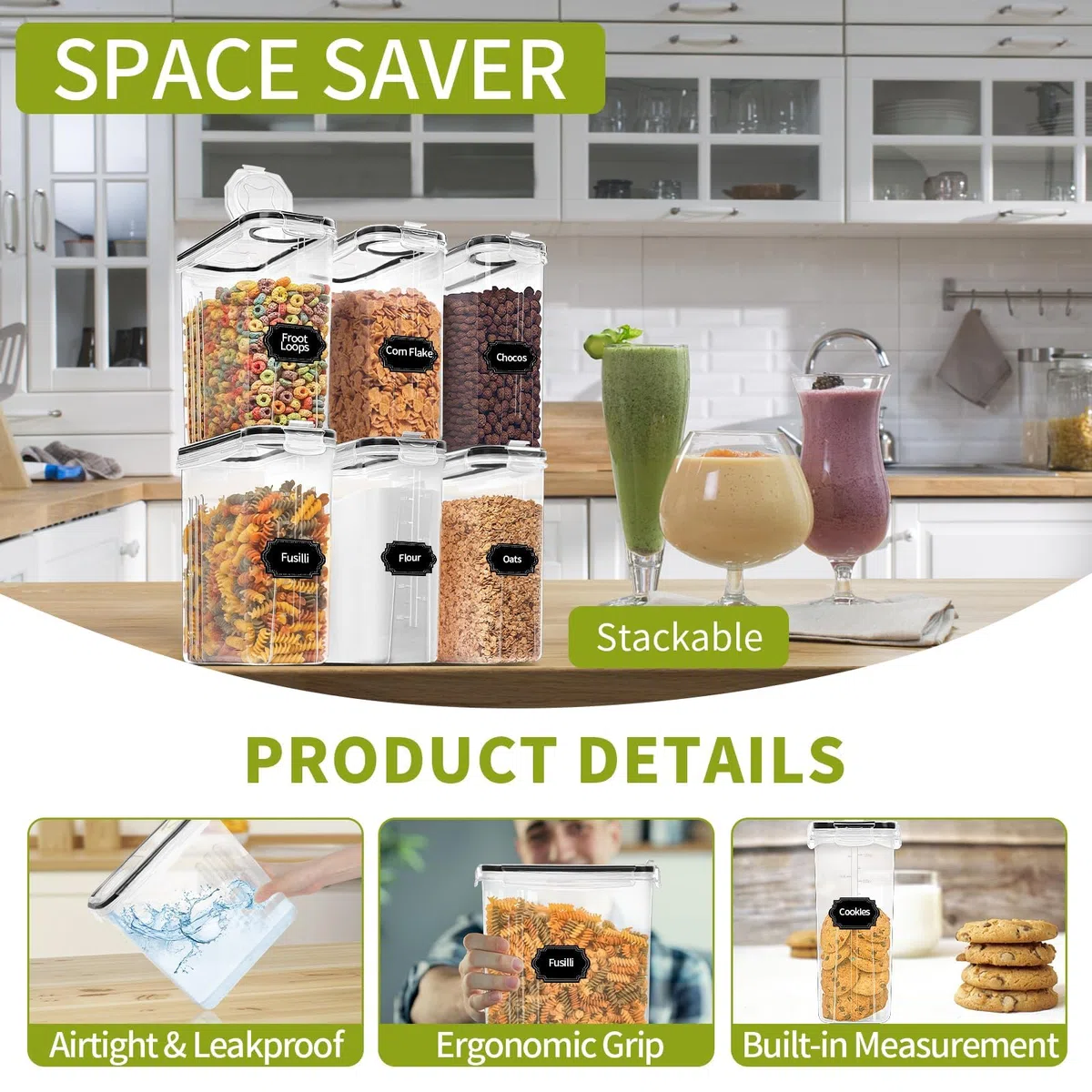 Skroam 8 unidades de contenedores de almacenamiento para cereales [135.2 oz/4L], contenedores de almacenamiento de alimentos herméticos con salida para servir para la organización y almacenamiento de