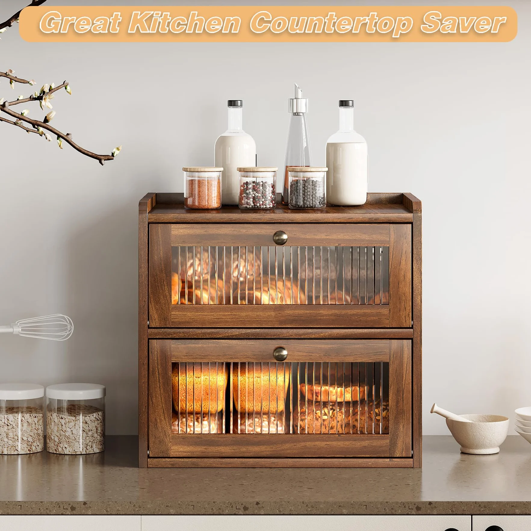 Alpeir Panera grande de doble capa para encimera de cocina, contenedor de almacenamiento de pan de esquina de madera con ventana acrílica, marrón retro