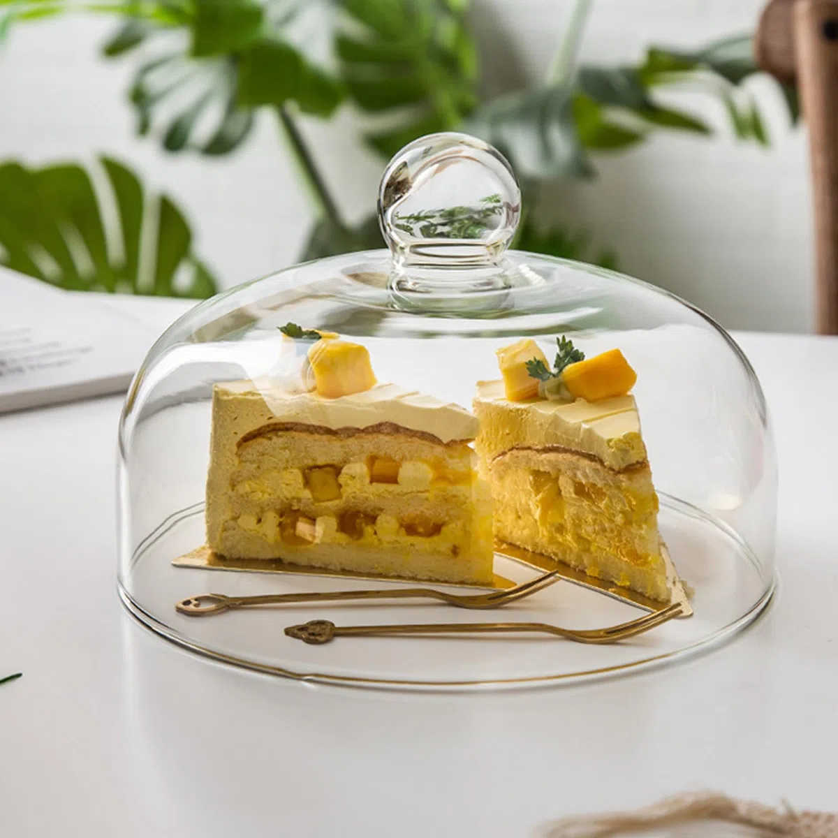 Cubierta de pastel,Cubierta de cúpula de cristal para soporte de tartas,Cubierta de comida de sushi de donut,Cubierta antipolvo para el té de la tarde,Transparente (ángulo redondeadas, 23cm)