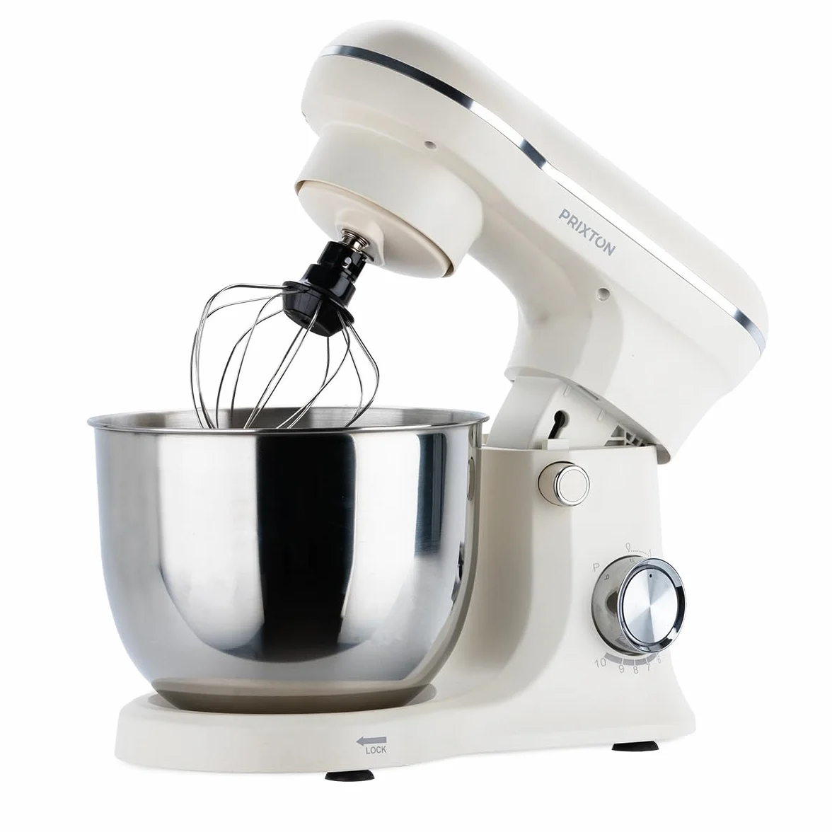 PRIXTON Batidora Amasadora KR250 para Repostería, Potencia 1500W, 10 Velocidades, Bol Acero Inoxidable de 5 litros, 3 accesorios, Tapa Transparente, Color Blanco Crema Mate (Reacondicionado)