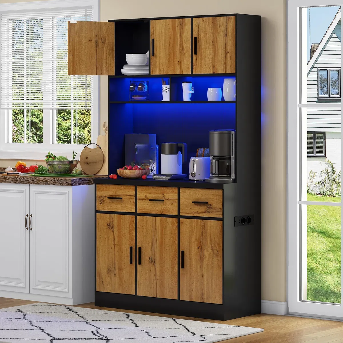 LAKFEW Alacena de Cocina con Enchufe y Iluminación LED, Armario Cocina con 6 Puertas y 3 Cajones, Alacena Cocina con Estantes Ajustables y Dispositivo Antivuelco, 100x40x180 cm, Negro+Natural