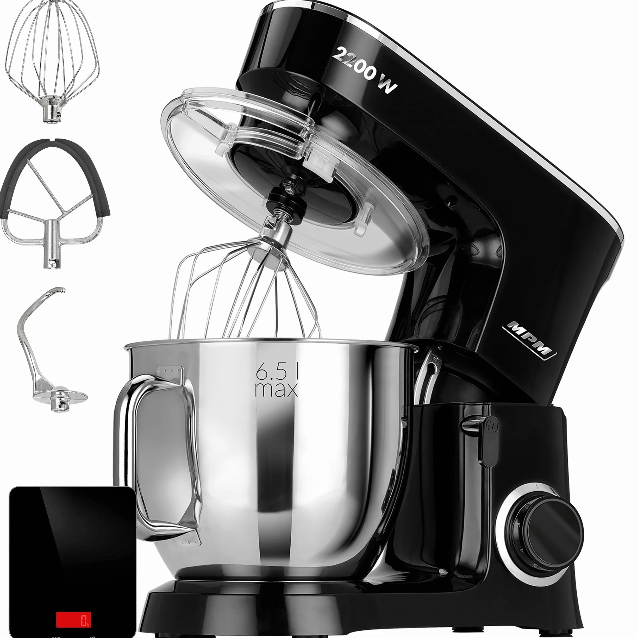 MPM Batidora Amasadora Repostería Profesional Robot Cocina Orbital 2200W Máx. 6,5L Bol Acero Inox, 6 Velocidades + Función Pulso, Sistema Planetario, 3 Accesorios+ Báscula, MRK-19B