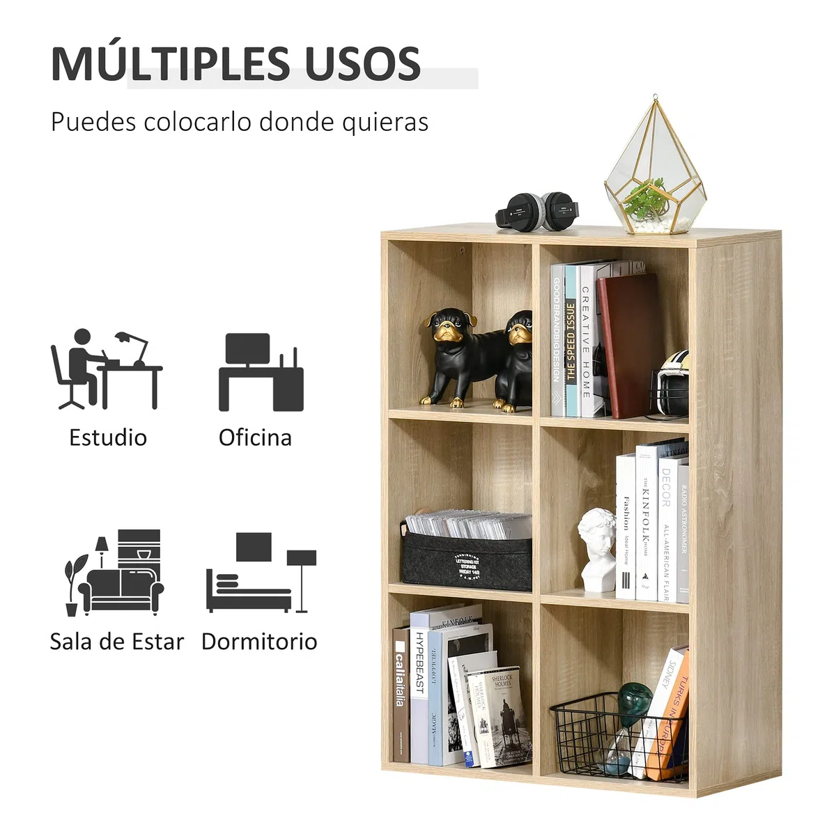 HOMCOM Librería de 3 Niveles, Estantería para Libros con 6 Cubos de Almacenaje, para Sala de Estar, Dormitorio, Estudio, Oficina, 65,5x30x97,5 cm, Roble