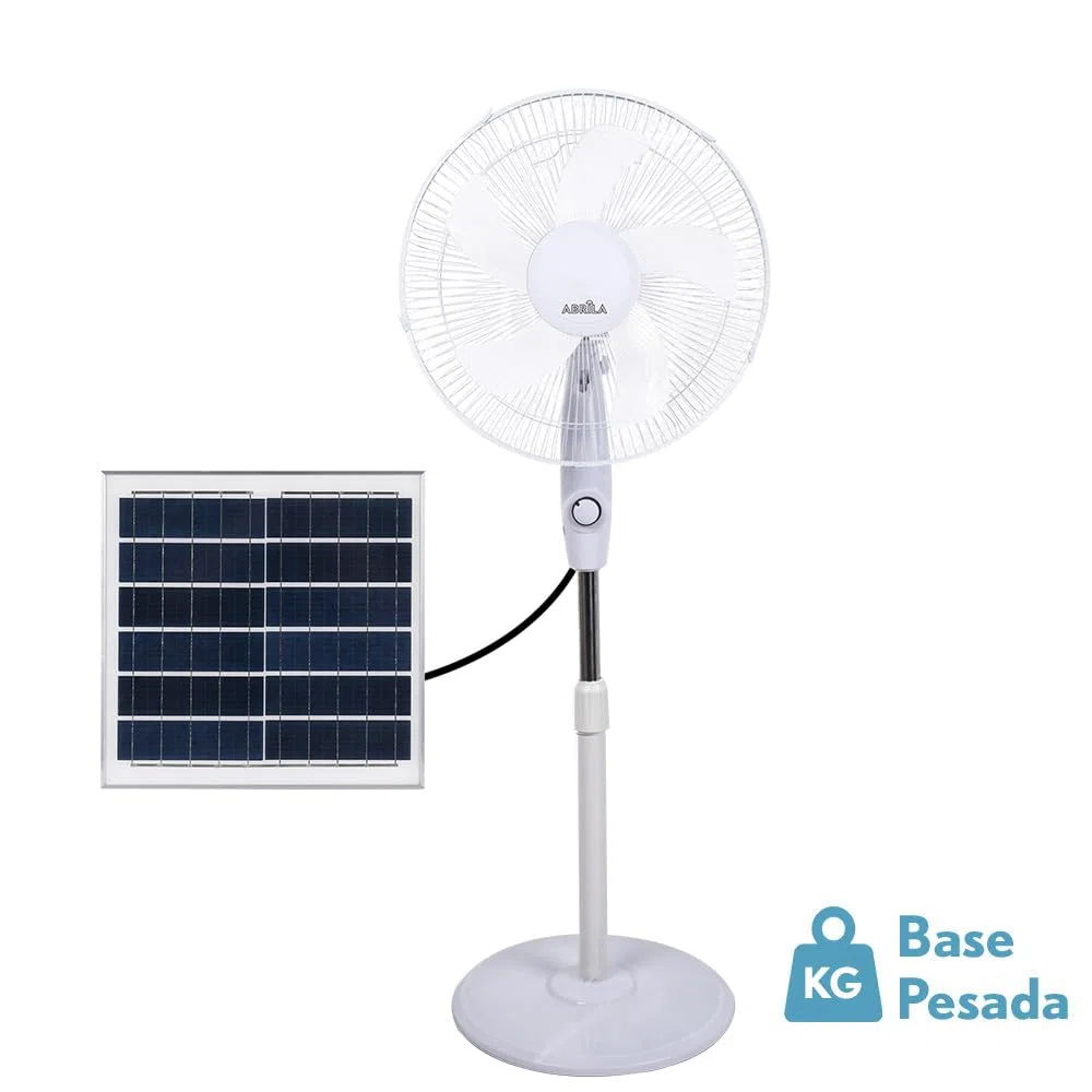 ABRILA - Ventilador de Pie Solar DC FRONTERA | Color Blanco con cinco Aspas | 3 Velocidades Ajustables | Incluye un Panel Solar | Equipado con Puerto USB y Mando a Distancia | Cabezal 2 Funciones