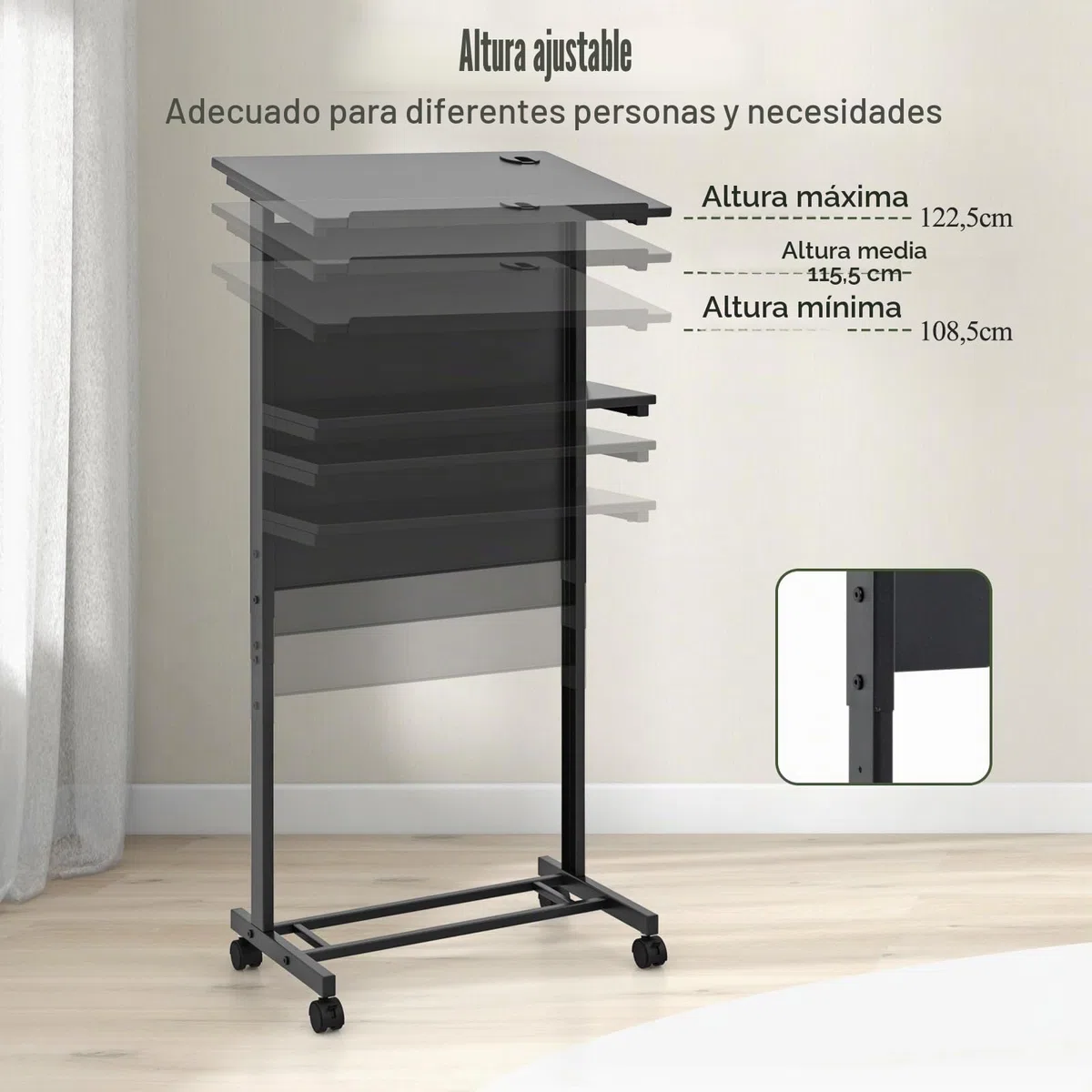 LIFEZEAL Atril, Podio de Conferencia, con 2 Estantes, 4 Ruedas, Altura Ajustable, Mesa de Presentación, para Discursos Públicos, Iglesia, Aula, 60x40x108,5-122,5cm
